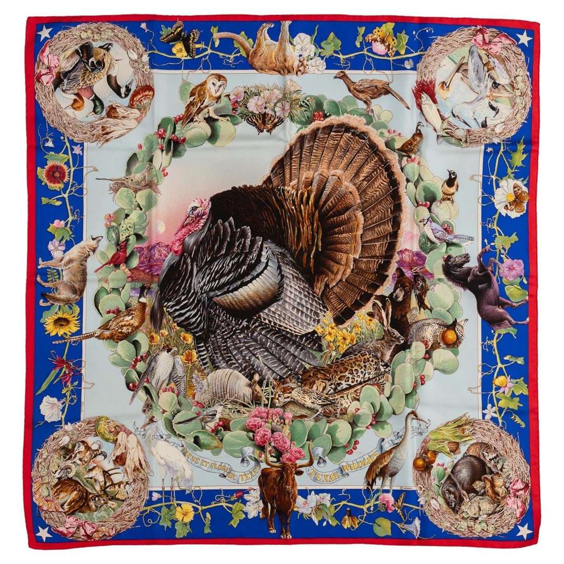Hermes Texas Wildlife 35 Inch Silk Scarf by Kermit Oliver: Hermes Texas Wildlife 35 Inch Silk Scarf by Kermit Oliver Elevate your accessory collection with this exquisite Hermes Celeste Texas Wildlife Silk Scarf, designed by the renowned Kermit Oliver. Crafte