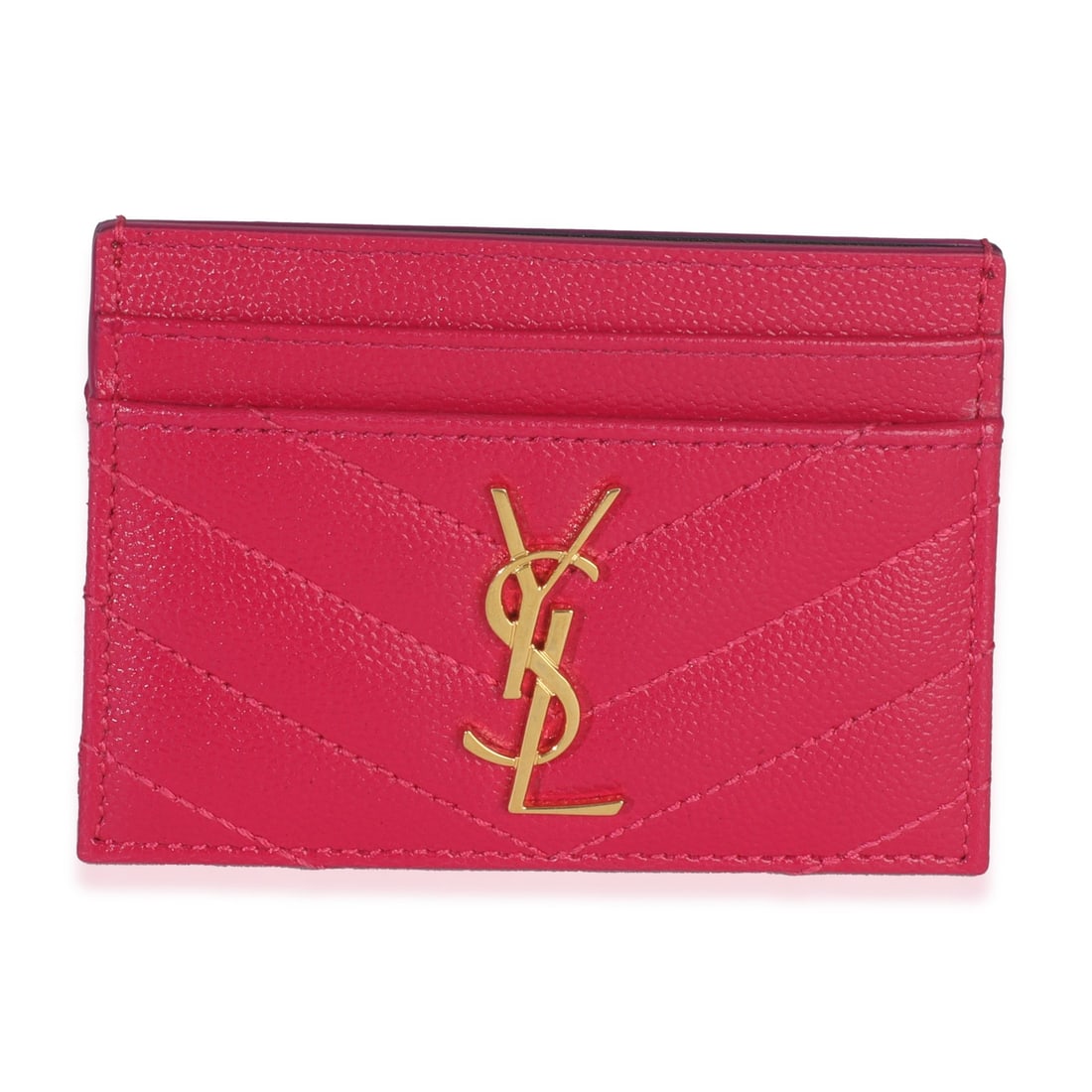 Cassandre Card Case by Saint Laurent in Red Leather with Gold-Tone Hardware: Cassandre Card Case by Saint Laurent in Red Leather with Gold-Tone Hardware This is a Saint Laurent Cassandre card case in fresh fuchsia, crafted from grain de poudre leather. The card case features a