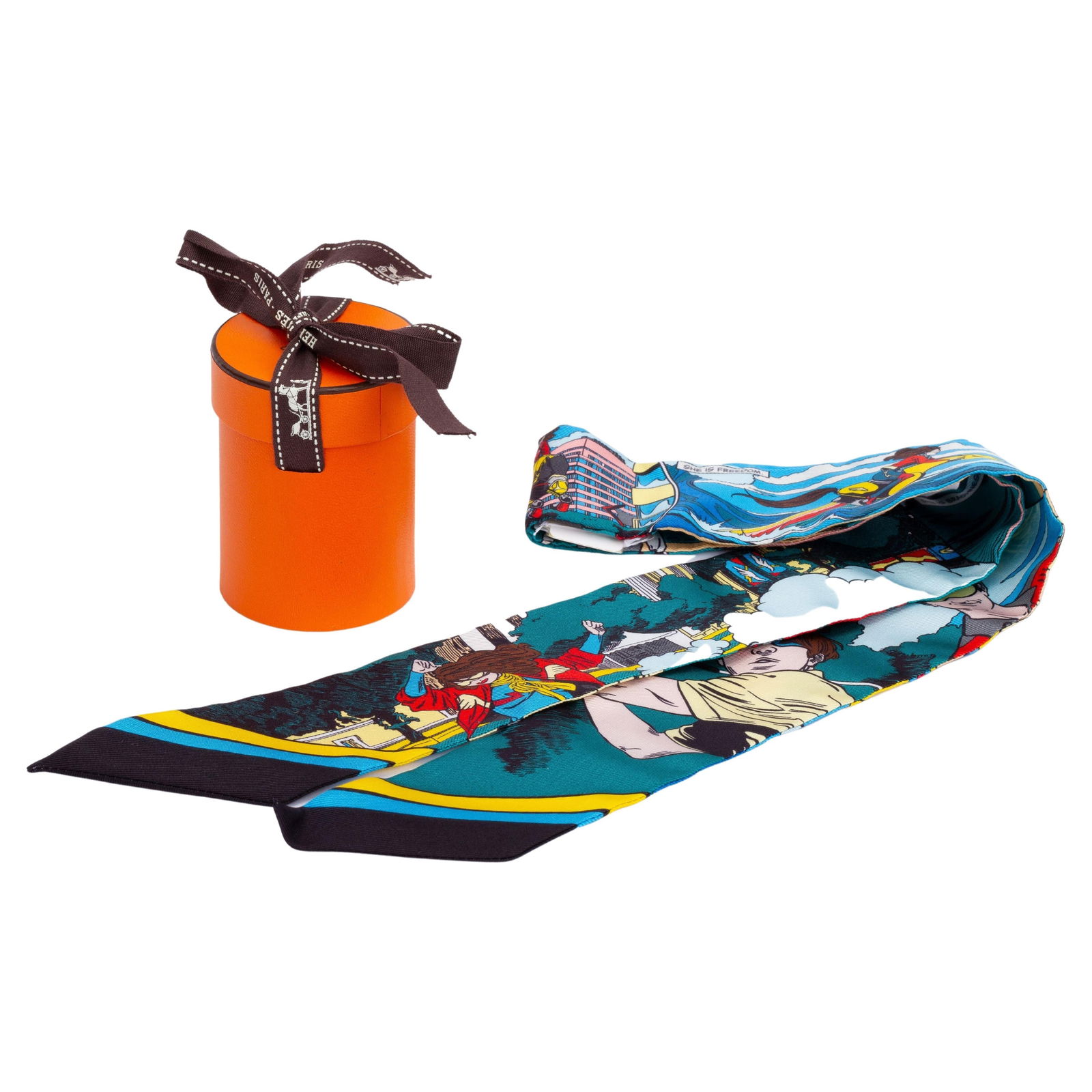 Hermes Wonderwoman Comic Silk Twilly 34in France New: Hermes Wonderwoman Comic Silk Twilly 34in France New Introducing the stunning Hermes Wonderwoman Comic Twilly, a vibrant silk scarf showcasing a playful comic print of Superwoman. This luxurious acces