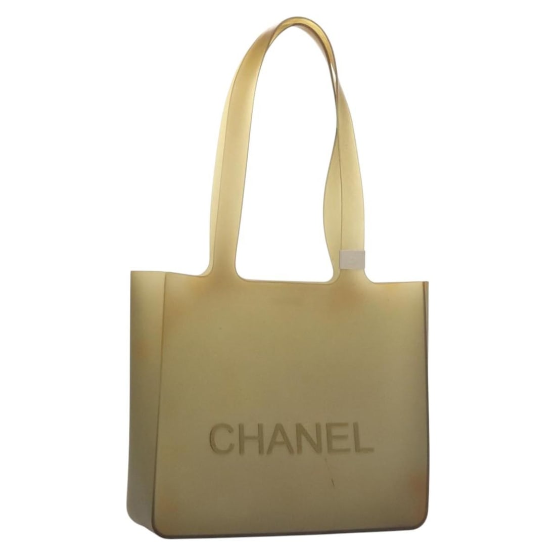 Khaki Tote Bag by Chanel with Structured Handles: Khaki Tote Bag by Chanel with Structured Handles This Chanel tote bag in khaki features a structured design with dual handles. The exterior shows signs of use including surface rubbing, out of shape a