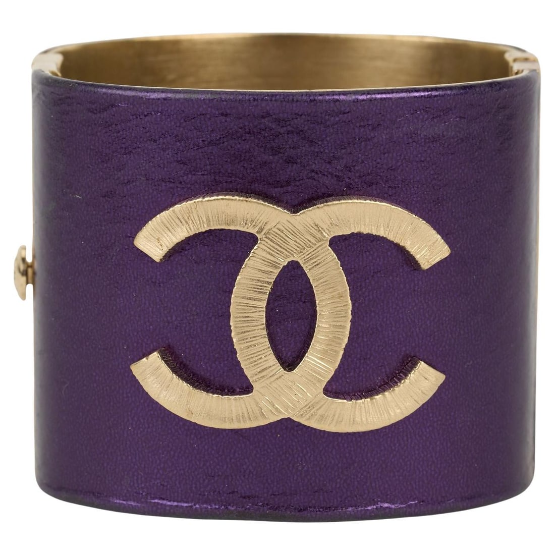 Chanel Purple Leather CC Cuff Bracelet 2008 Collection by Karl Lagerfeld: Chanel Purple Leather CC Cuff Bracelet 2008 Collection by Karl Lagerfeld This stunning Chanel Purple Leather CC Cuff Bracelet is a unique accessory from the 2008 Collection designed by Karl Lagerfeld.