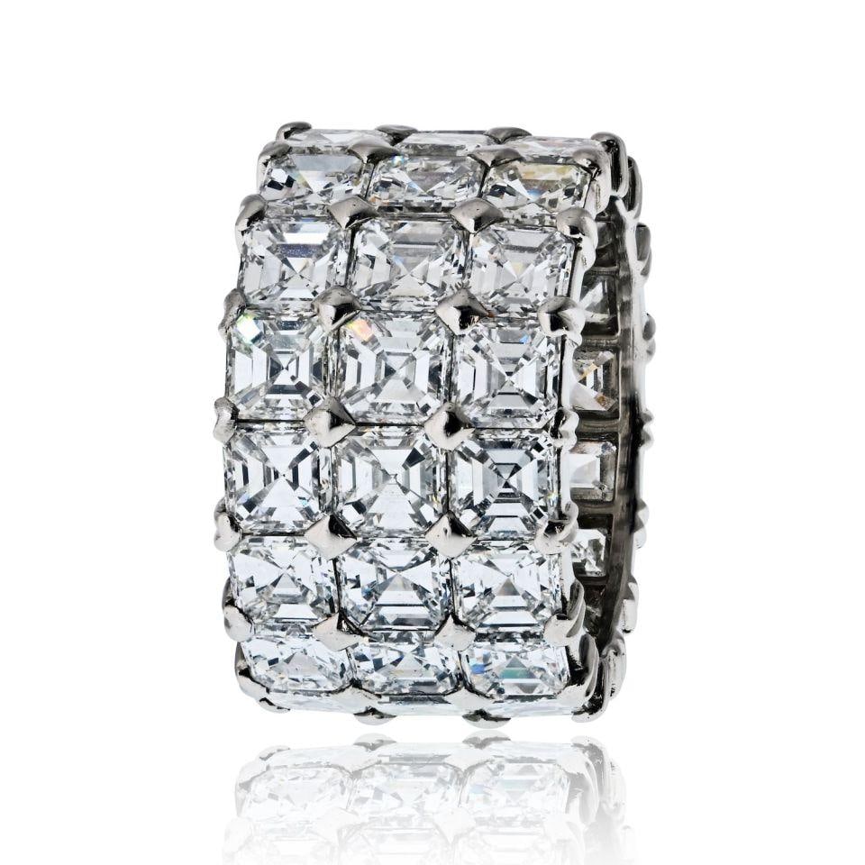 Estate Platinum Asscher Cut Three Row Ring 16.25cttw Size 5.25: Estate Platinum Asscher Cut Three Row Ring 16.25cttw Size 5.25 This stunning estate ring features a luxurious platinum band adorned with an impressive 16.25 carats total weight of Asscher cut diamonds