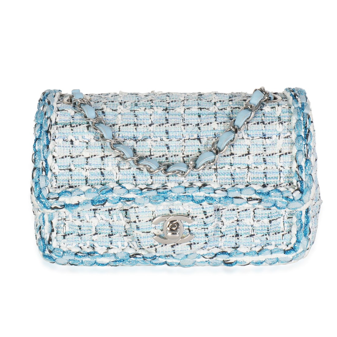 Chanel Mini Rectangular Flap Bag Blue White Tweed 2019 with Authenticity Card: Chanel Mini Rectangular Flap Bag Blue White Tweed 2019 with Authenticity Card Elevate your accessory collection with this exquisite Chanel Mini Rectangular Flap Bag, crafted from luxurious tweed in a