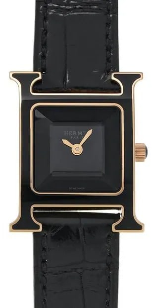 Hermes H Ladies Watch Black Dial Leather Strap Ref HH1.270B Papers: Hermes H Ladies Watch Black Dial Leather Strap Ref HH1.270B Papers This Hermes H watch features a sleek black dial paired with a leather bracelet. The timepiece is designed for ladies and showcases th