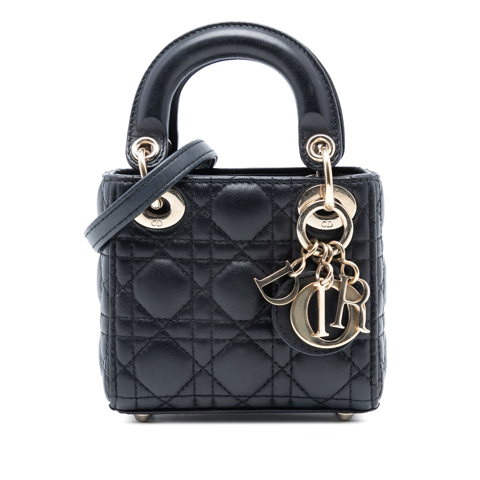 Dior Lady Dior Micro Cannage Black Quilted Lambskin Shoulder Bag: Dior Lady Dior Micro Cannage Black Quilted Lambskin Shoulder Bag This Lady Dior Micro Lambskin Cannage bag features a quilted lambskin leather body in black, flat leather top handles, a detachable fla