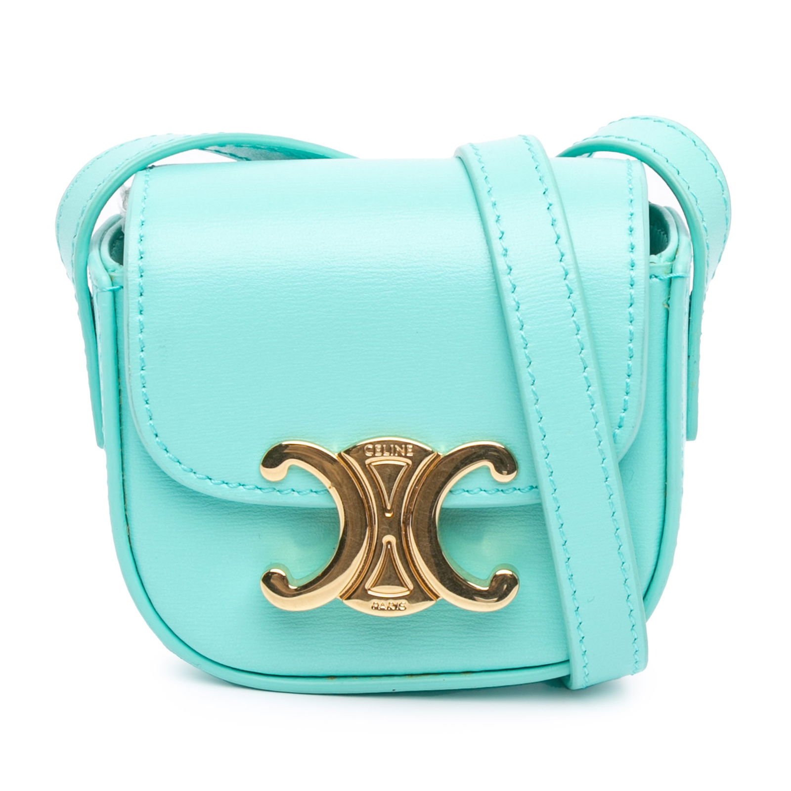 Celine Blue Leather Triomphe AirPods Case with Strap: Celine Blue Leather Triomphe AirPods Case with Strap Introducing the Celine Leather Triomphe AirPods Case with Strap, a stylish accessory that combines functionality with luxury. This crossbody bag is