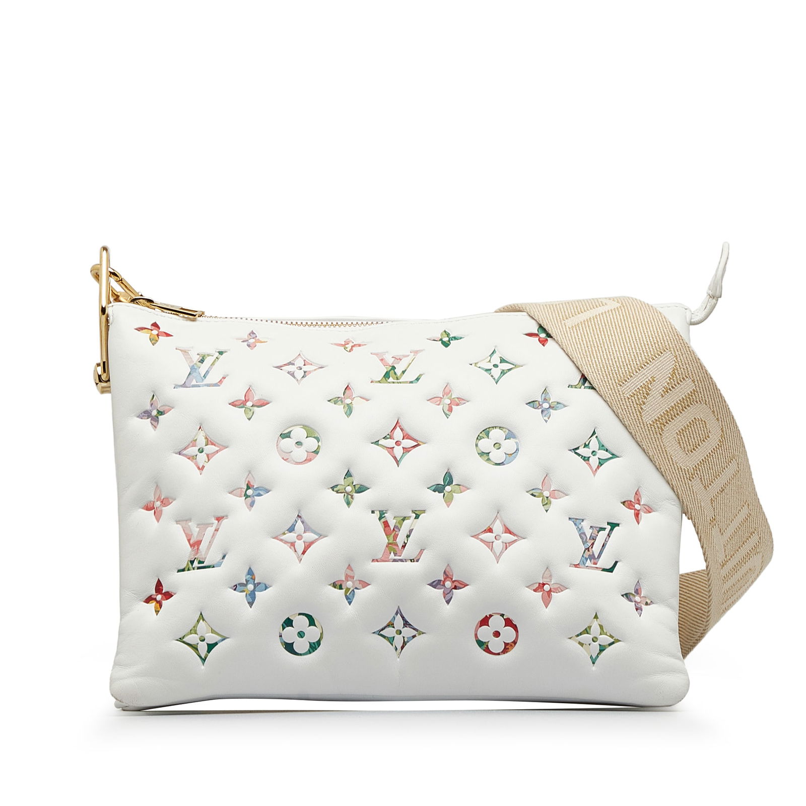 Louis Vuitton Monogram Garden Coussin PM Leather Bag White: Louis Vuitton Monogram Garden Coussin PM Leather Bag White The Louis Vuitton Monogram Garden Coussin PM is a stylish and versatile bag crafted from premium leather. It features a detachable flat canva