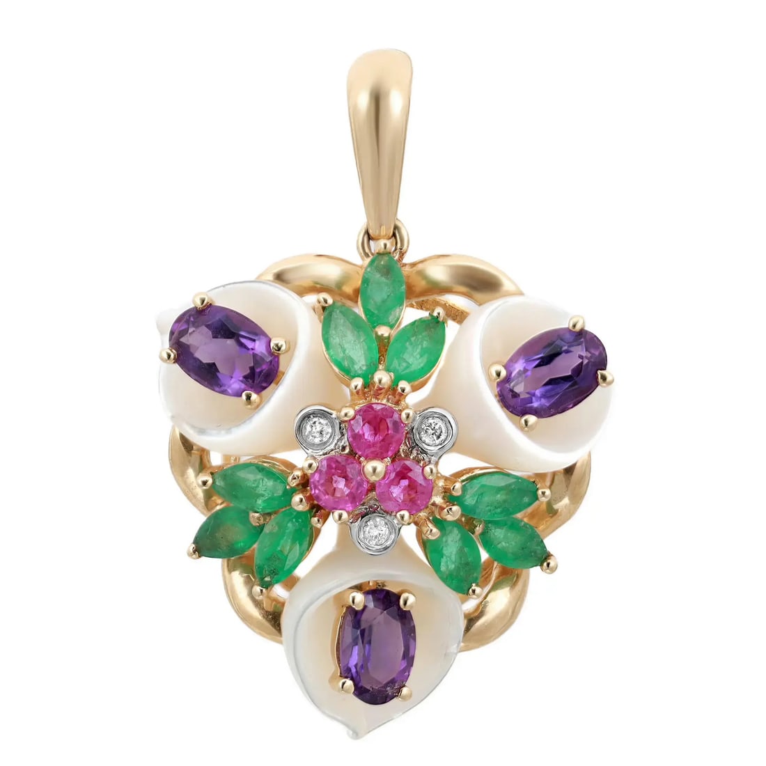 Rachel Koen Floral Pendant 14K Yellow Gold Emerald Amethyst Ruby Diamond MOP (1 of 4)