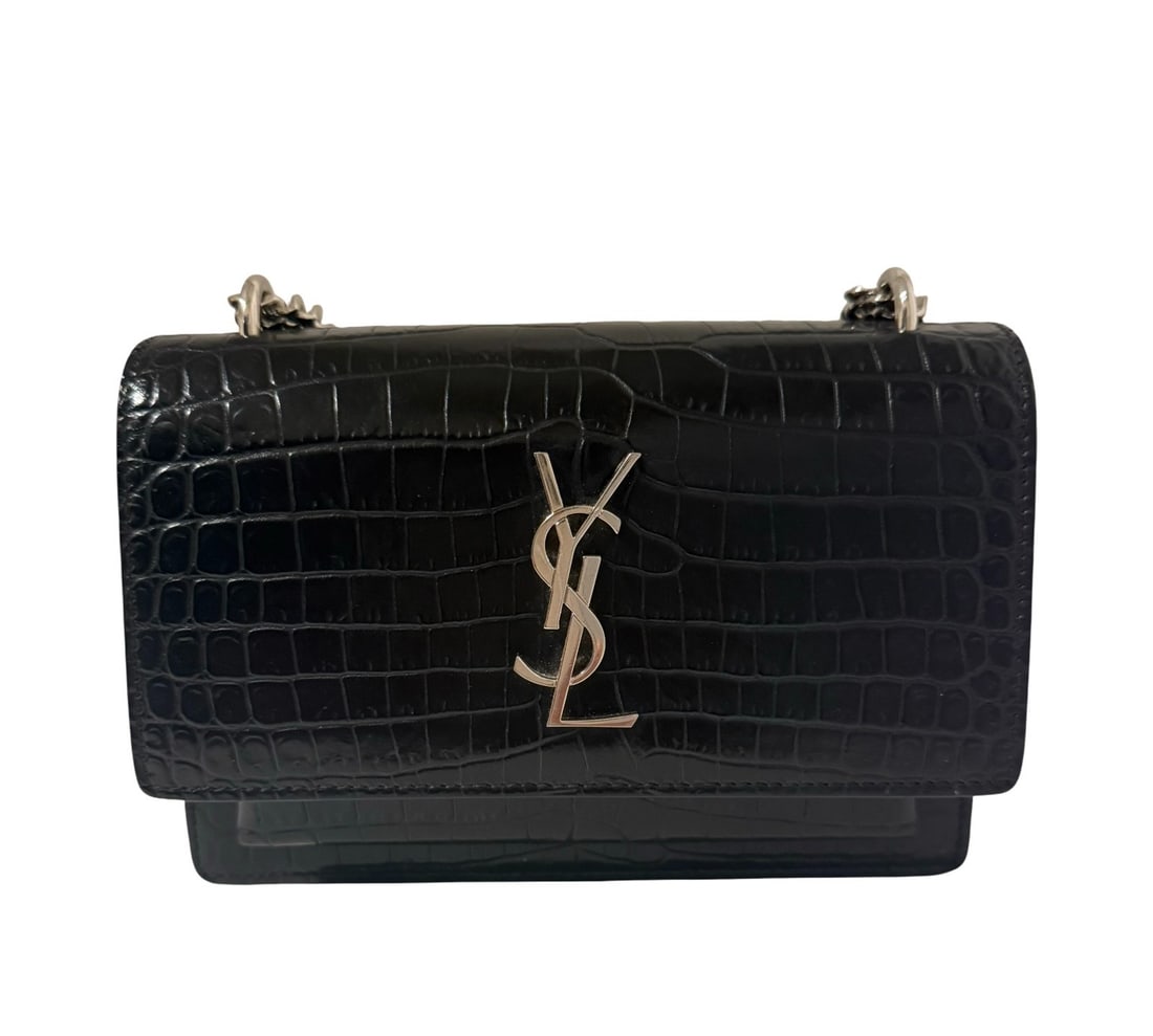 Saint Laurent Black Crocodile Embossed Sunset Wallet Crossbody Bag: Saint Laurent Black Crocodile Embossed Sunset Wallet Crossbody Bag Elevate your accessory collection with the Saint Laurent Black Leather Sunset Wallet. This stylish small crossbody bag features a uni