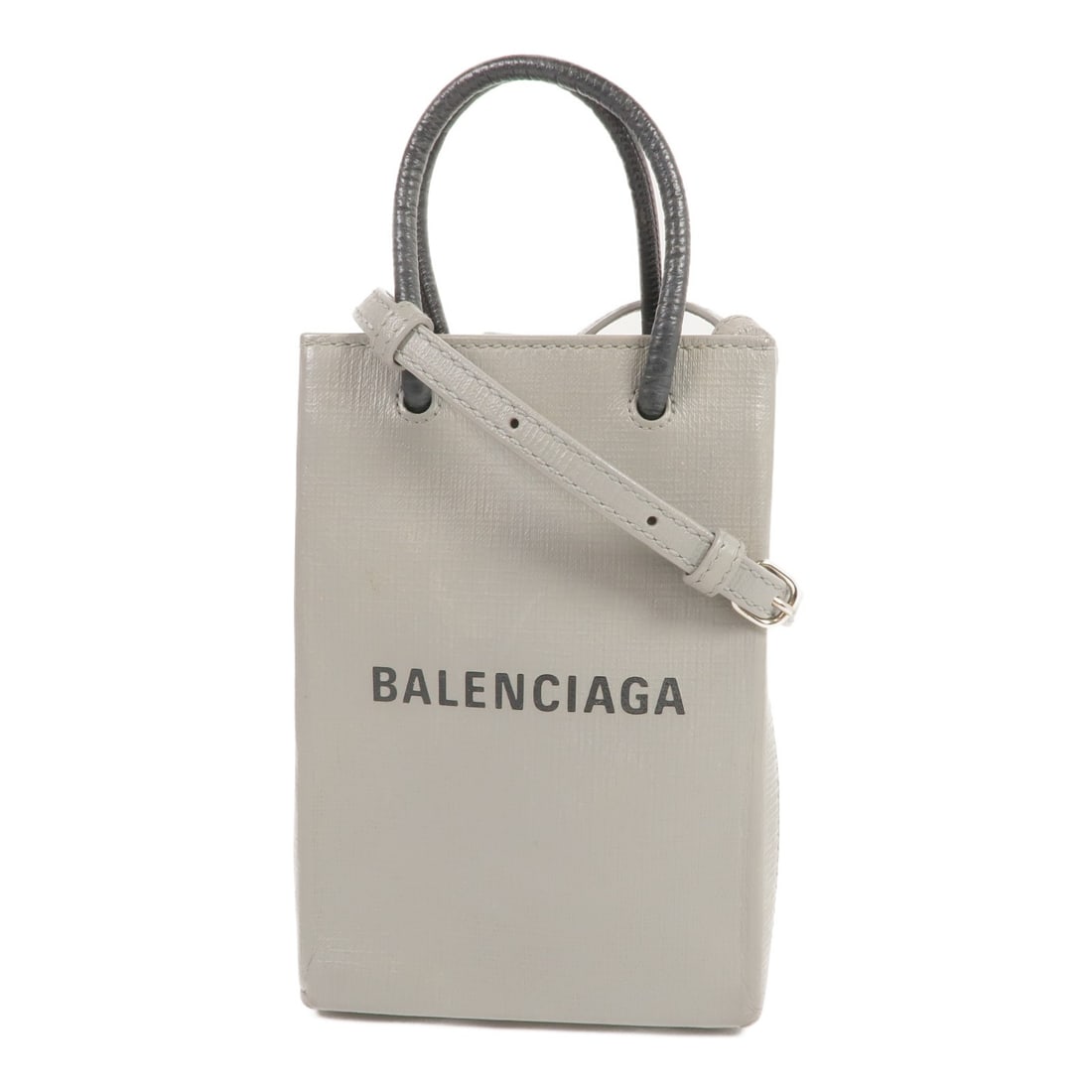 BALENCIAGA Gray Calfskin Mini 2 Way Shoulder Bag SHW: BALENCIAGA Gray Calfskin Mini 2 Way Shoulder Bag SHW This BALENCIAGA Mini Shopping Phone Holder is a stylish and versatile 2-way shoulder bag crafted from luxurious calfskin in a sophisticated gray hu