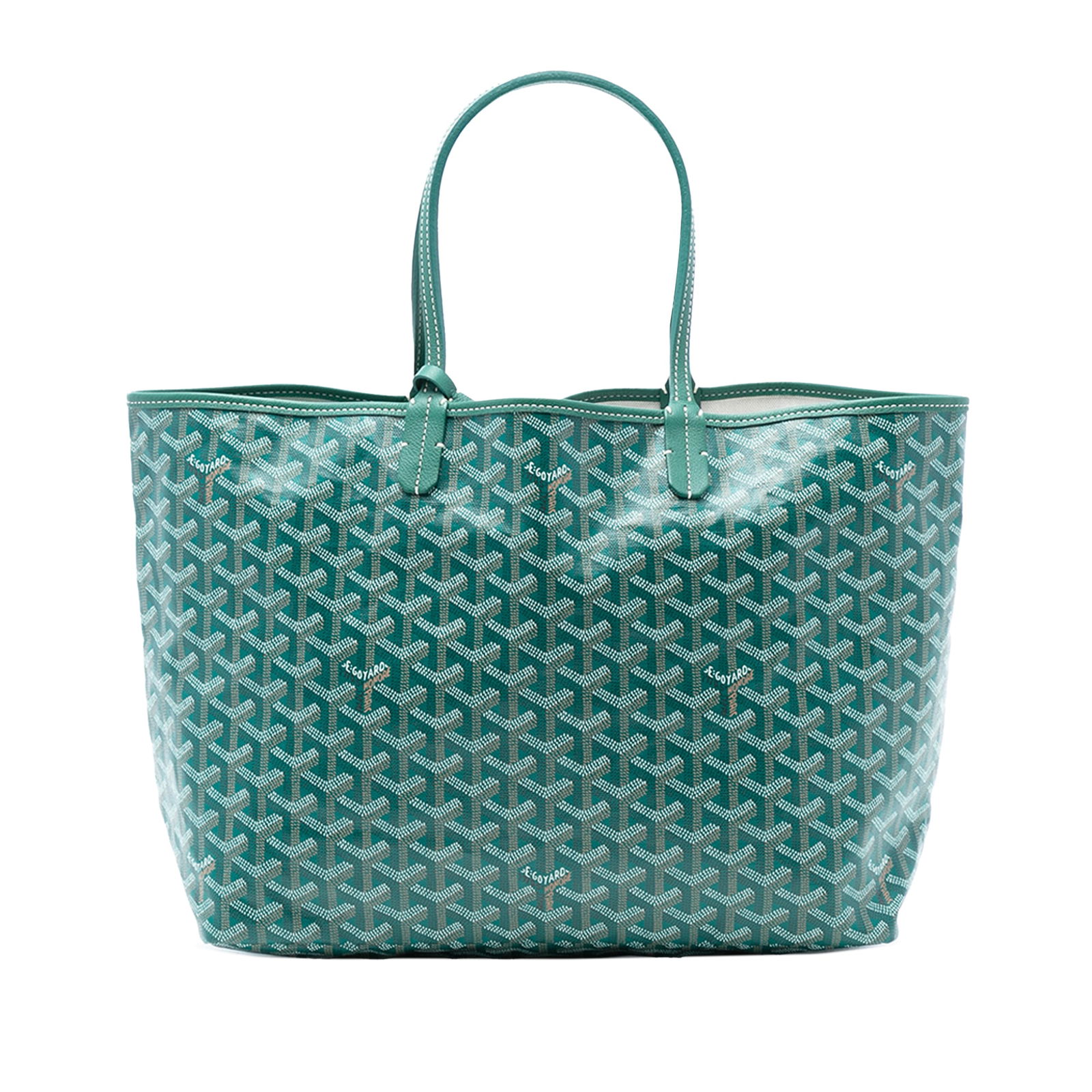 Goyard Saint Louis PM Green Tote with Pouch: Goyard Saint Louis PM Green Tote with Pouch This Goyardine Saint Louis PM features a coated canvas body with leather trim, flat leather handles, an open top, and includes a pouch. The bag is presented