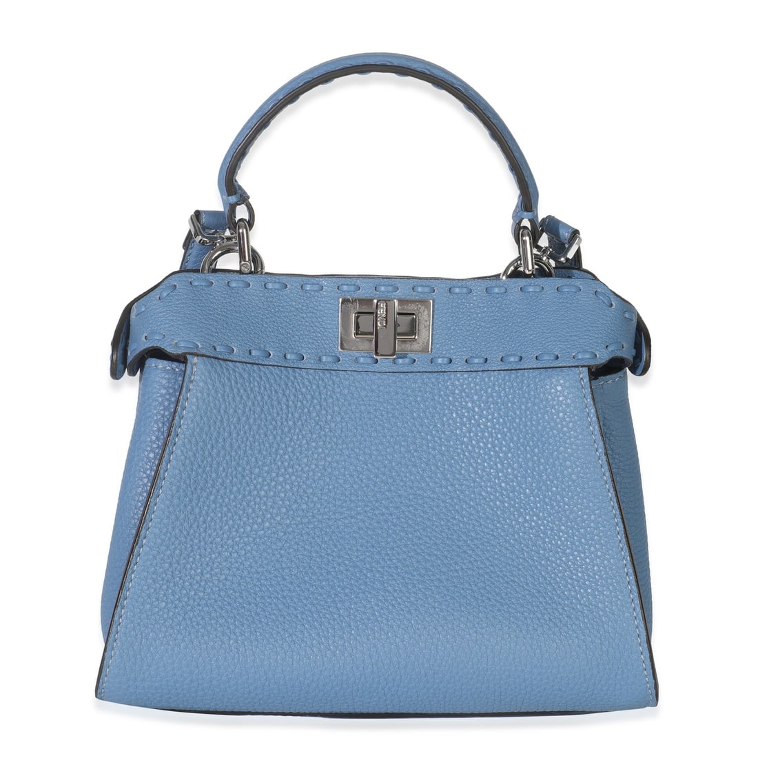 Fendi Mini Peekaboo Blue Leather Iconic Selleria Satchel with Placca Argento: Fendi Mini Peekaboo Blue Leather Iconic Selleria Satchel with Placca Argento This Fendi Mini Peekaboo Iconic Satchel features blue leather construction with silver-tone hardware. The bag includes a tu