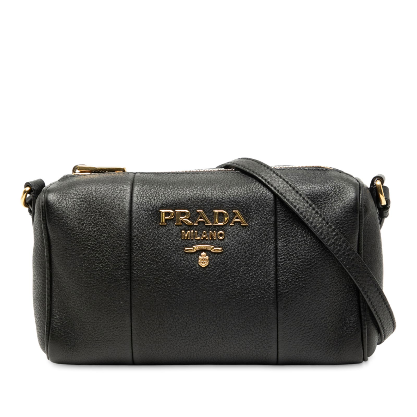 Black Leather Prada Mini Vitello Phenix Crossbody Bag Italy: Black Leather Prada Mini Vitello Phenix Crossbody Bag Italy This Prada Mini Vitello Phenix Crossbody bag features a black leather body with a flat leather strap and a top zip closure. The bag is made