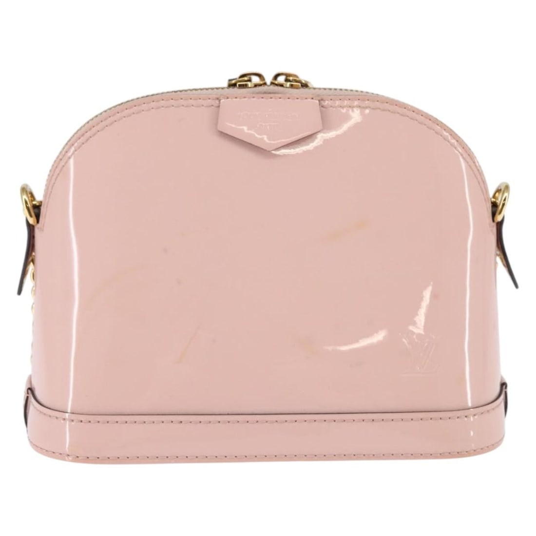 Alma Mini Vernis Shoulder Bag Pink by Louis Vuitton with Chain: Alma Mini Vernis Shoulder Bag Pink by Louis Vuitton with Chain This pre-owned Louis Vuitton Vernis Alma Mini handbag features a pink exterior and chain shoulder strap. It shows signs of previous use,
