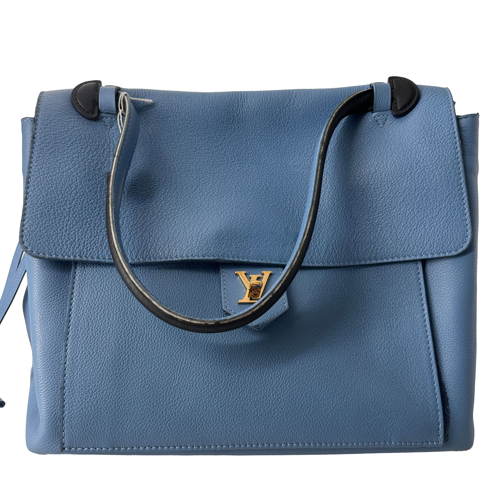 Black Lockme Bag by Louis Vuitton Pre-Owned: Black Lockme Bag by Louis Vuitton Pre-Owned This pre-owned Louis Vuitton Lockme handbag in black is designed for female use. It displays signs of previous use, including dirt and rubbing on the exteri