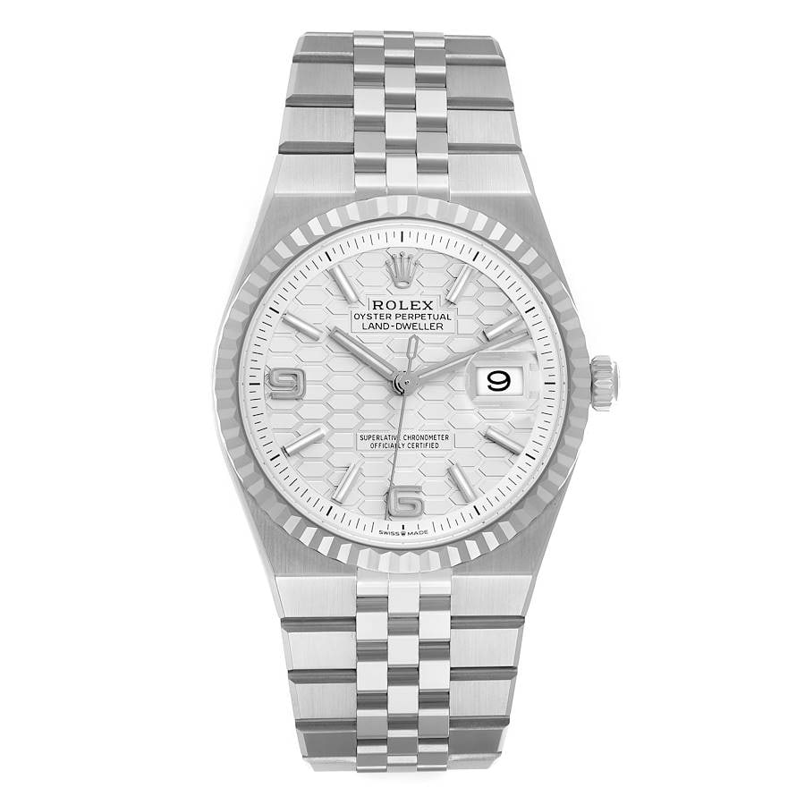 Rolex 127234 Land-Dweller White Honeycomb Dial Flat Jubilee Bracelet 2025 Card: Rolex 127234 Land-Dweller White Honeycomb Dial Flat Jubilee Bracelet 2025 Card This Rolex Land-Dweller features a distinctive white honeycomb dial and a fluted bezel, paired with a flat Jubilee bracel