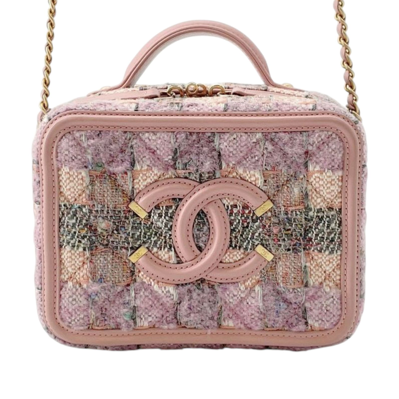 Chanel Small Tweed Vanity Case Pink Filigree with Chain Strap: Chanel Small Tweed Vanity Case Pink Filigree with Chain Strap Introducing the Chanel Small Tweed CC Filigree Vanity Case, a chic and stylish accessory that embodies sophistication. Crafted from a luxu