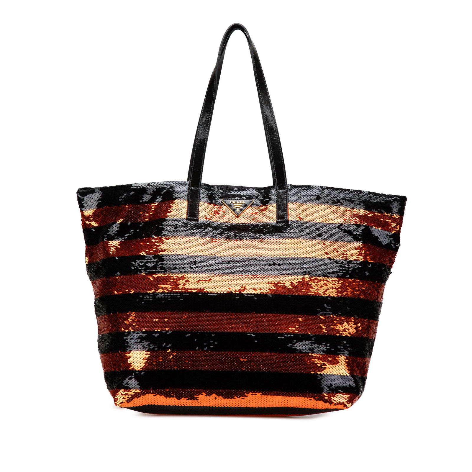 Prada Orange Satin Sequin Stripes Tote with Leather Straps: Prada Orange Satin Sequin Stripes Tote with Leather Straps The Prada Satin Sequin Stripes Tote is a stylish and eye-catching bag crafted from sequined satin, featuring a vibrant orange color. It comes