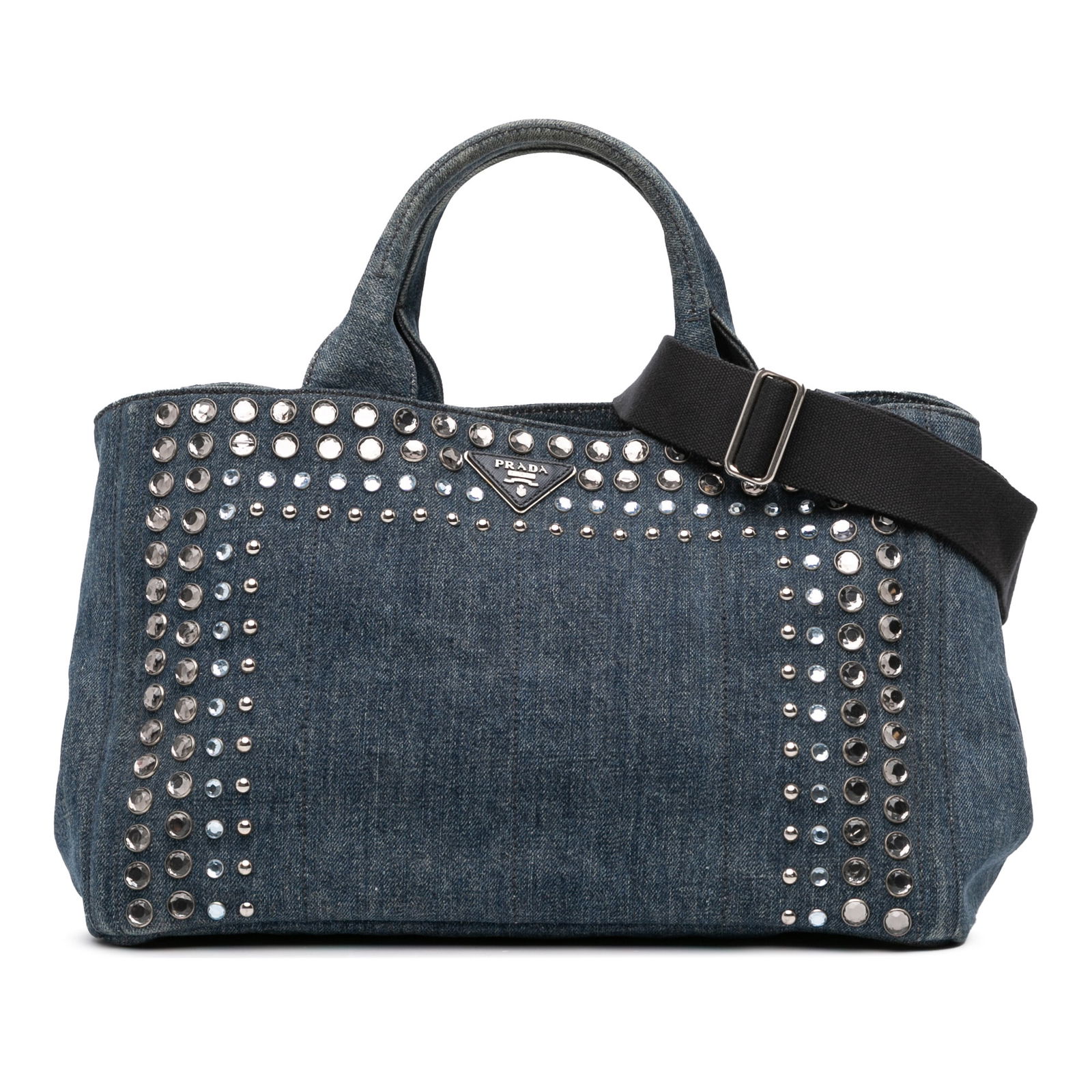 Prada Denim Canapa Bijoux Satchel Blue Fabric Studded Bag: Prada Denim Canapa Bijoux Satchel Blue Fabric Studded Bag The Prada Denim Canapa Bijoux Satchel is a stylish and functional accessory crafted from a studded denim fabric. It features rolled top handle