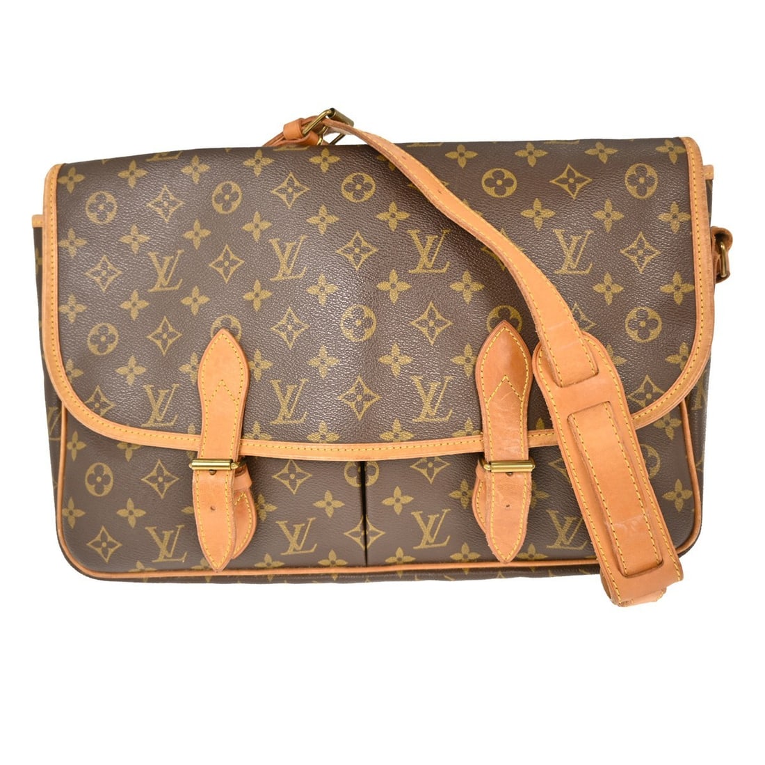 Brown Sac Gibeciere Shoulder Bag by Louis Vuitton: Brown Sac Gibeciere Shoulder Bag by Louis Vuitton This Louis Vuitton Sac Gibeciere messenger bag is crafted in brown leather. It is designed as a shoulder bag and features signs of use, including crac