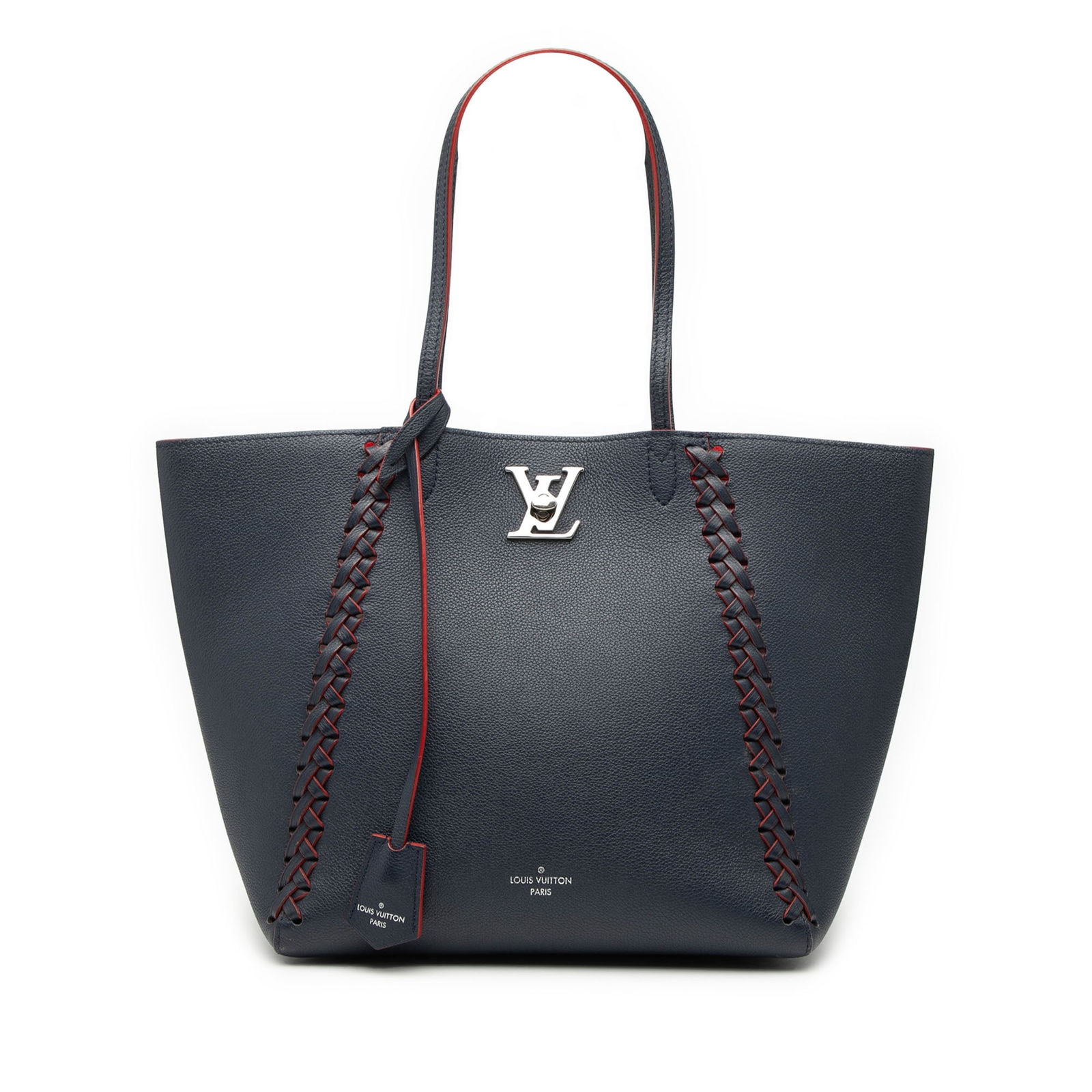Leather tote with braided accents Louis Vuitton Lockme Cabas blue bag: Leather tote with braided accents Louis Vuitton Lockme Cabas blue bag The Louis Vuitton Lockme Cabas tote bag showcases a blue leather body with braided details and flat shoulder straps. It features a