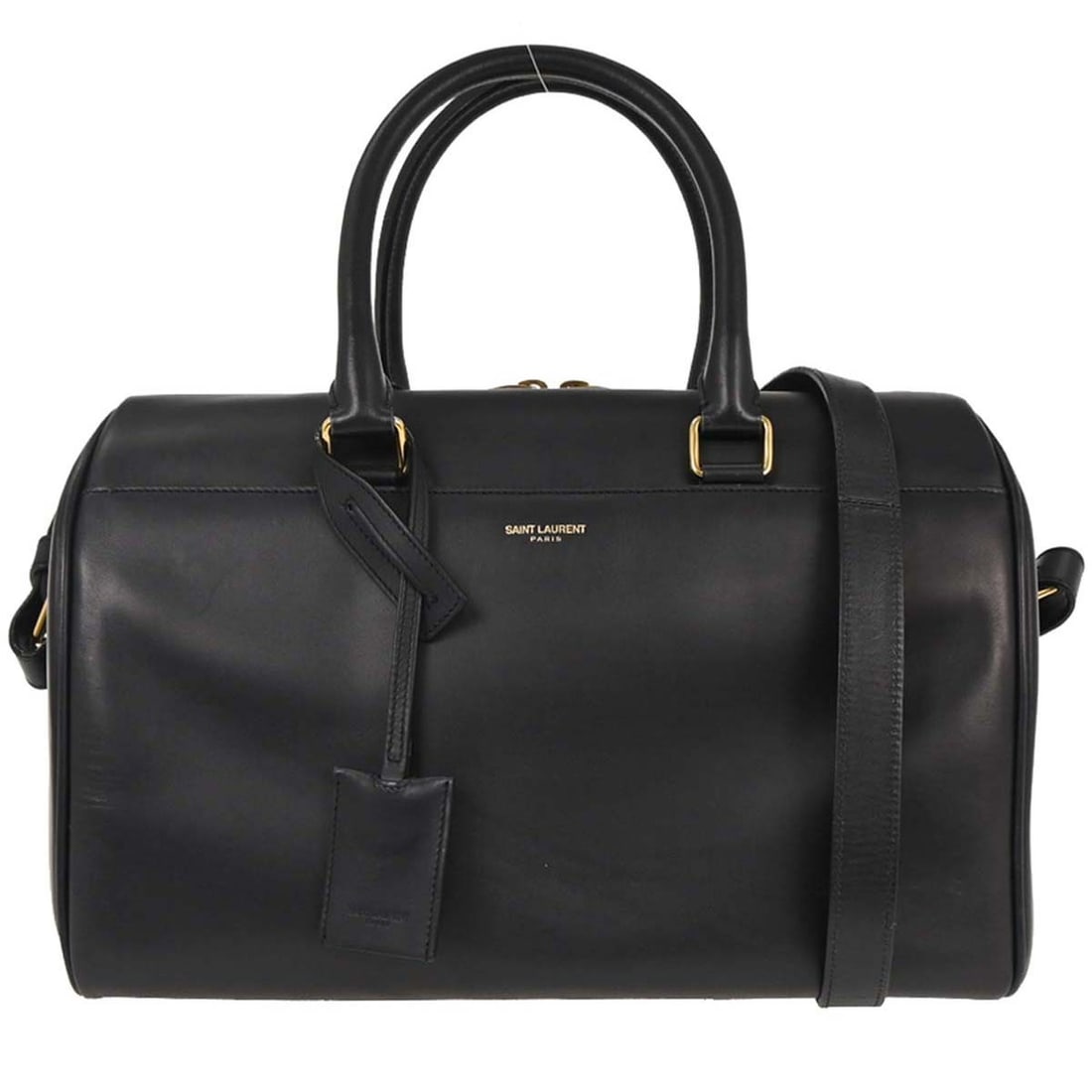 Navy Leather Medium Duffle Bag by Saint Laurent with Double Handles: Navy Leather Medium Duffle Bag by Saint Laurent with Double Handles This Saint Laurent navy leather duffle handbag features a medium-sized silhouette with double handles and a two-way carry design. Th