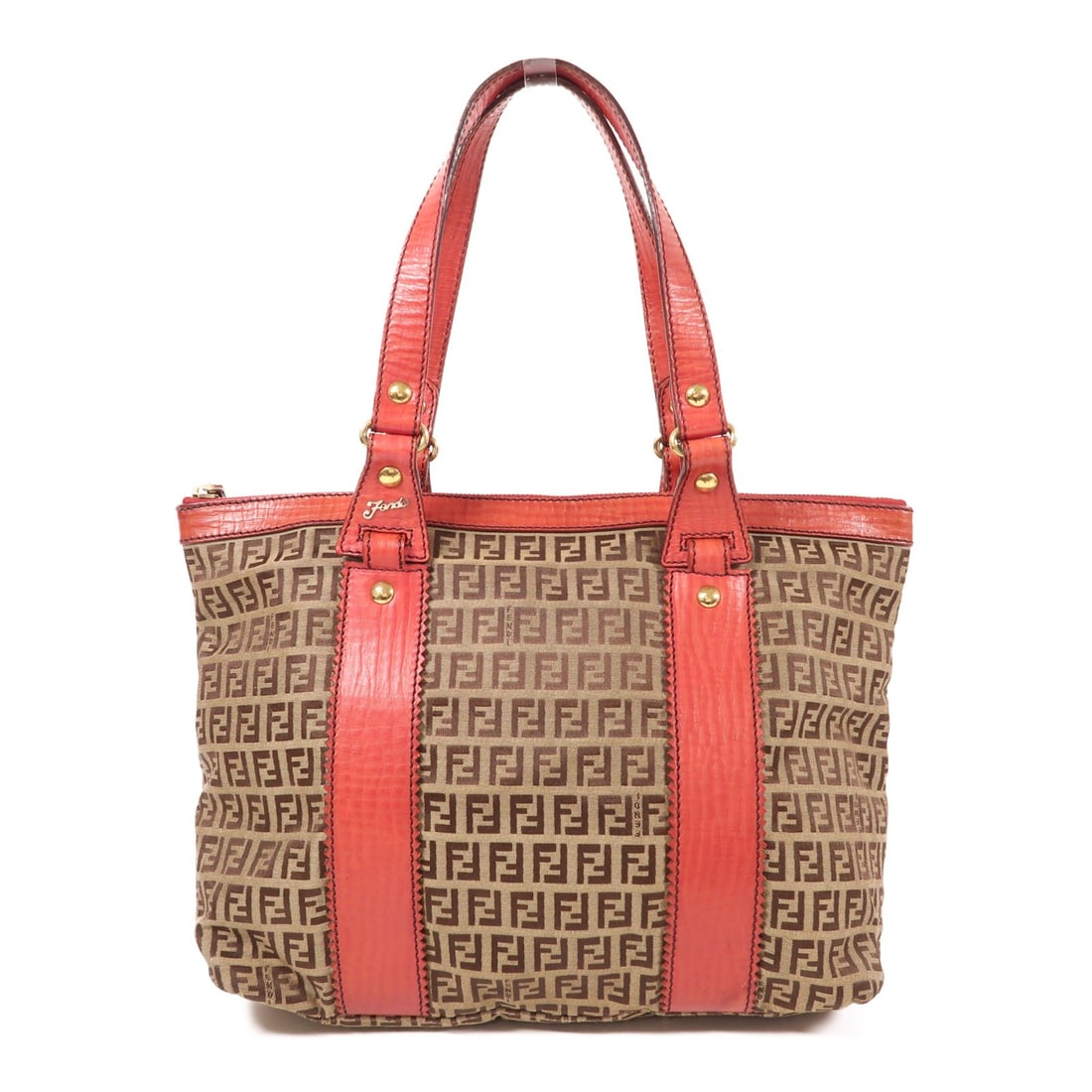 FENDI Brown Canvas Shoulder Bag with Red Accent (1 of 12)
