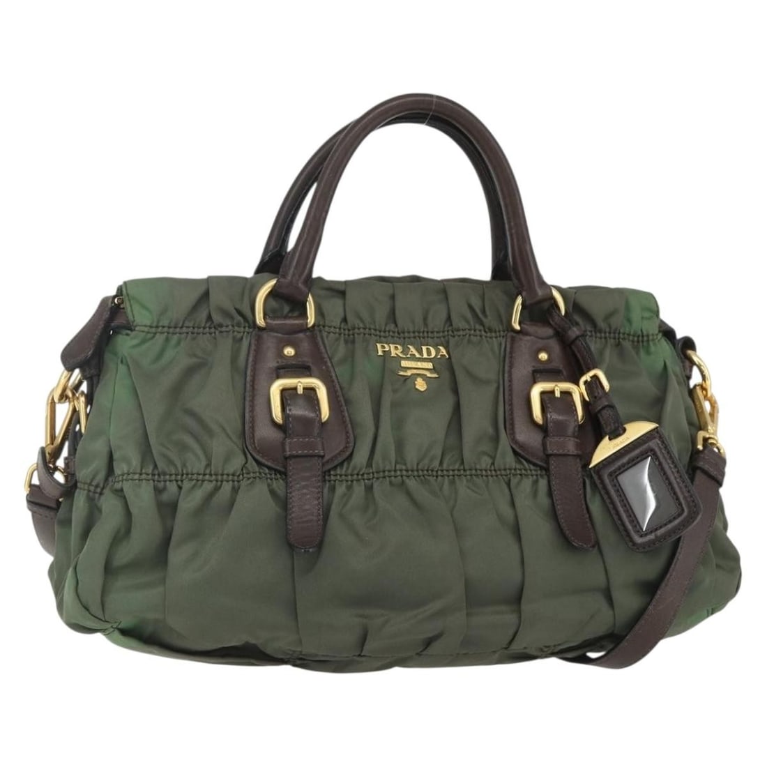Khaki Gaufre Convertible Satchel by Prada Nylon Handbag: Khaki Gaufre Convertible Satchel by Prada Nylon Handbag This Prada Gaufre Convertible Satchel in khaki is crafted from nylon and designed for women. The handbag features signs of prior use, including