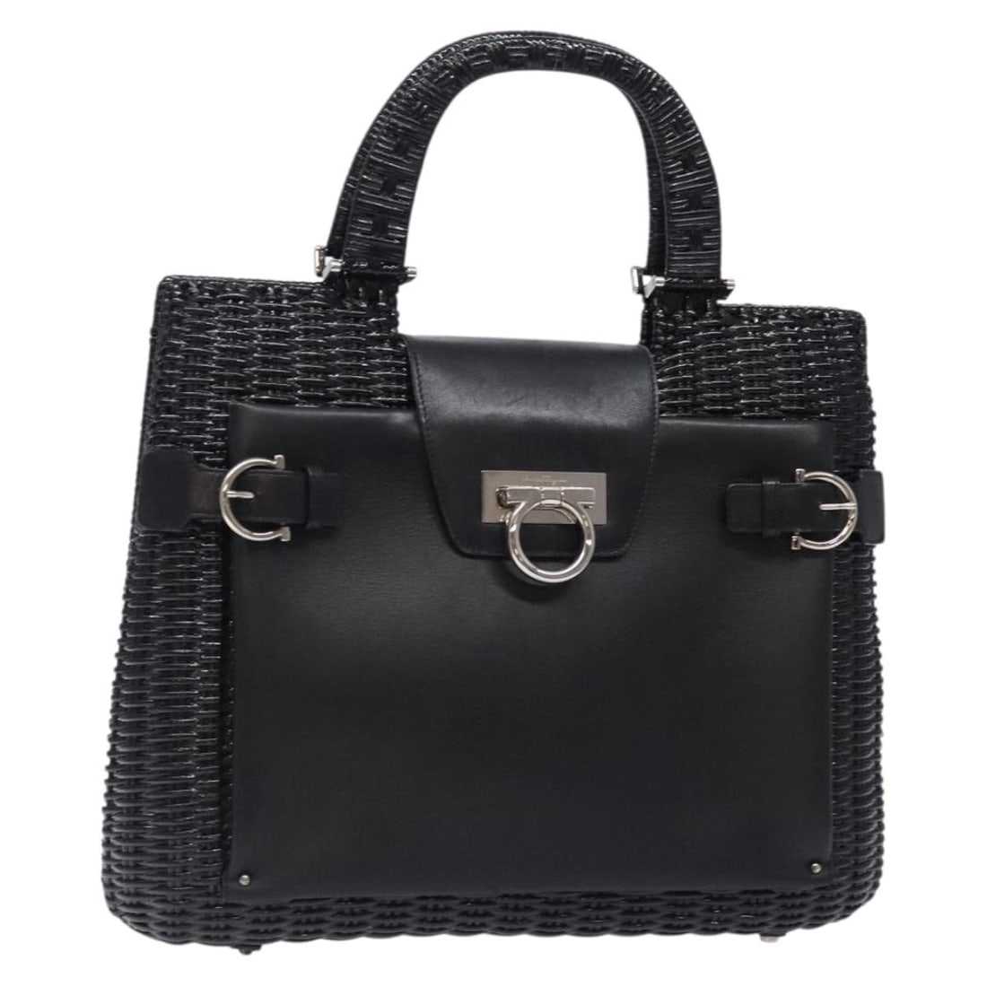 Salvatore Ferragamo Gancini Leather Hand Bag Black Silver Auth Italy: Salvatore Ferragamo Gancini Leather Hand Bag Black Silver Auth Italy This elegant Salvatore Ferragamo Gancini Hand Bag showcases a sophisticated design, crafted from high-quality leather with a striki