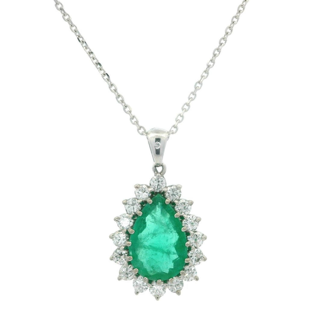 Vintage White Gold GIA Certified 2.45ctw Emerald Diamond Halo Pendant Necklace: Vintage White Gold GIA Certified 2.45ctw Emerald Diamond Halo Pendant Necklace This exquisite vintage pendant necklace features a stunning pear-shaped natural emerald, elegantly surrounded by a diamon