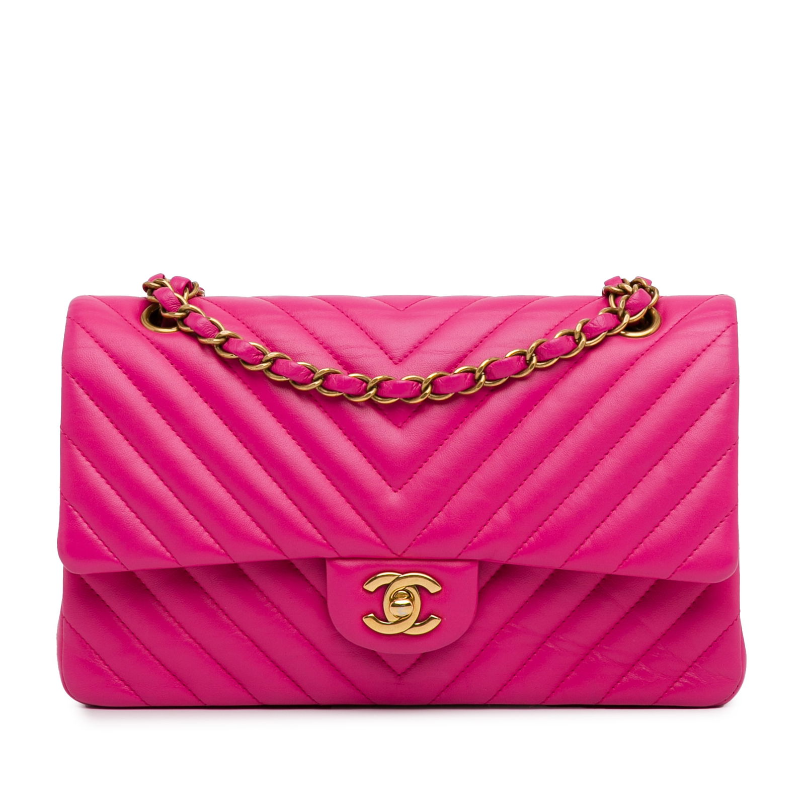 Chanel Medium Chevron Lambskin Double Flap Pink Shoulder Bag: Chanel Medium Chevron Lambskin Double Flap Pink Shoulder Bag Introducing the Chanel Medium Chevron Lambskin Double Flap shoulder bag, an exquisite piece crafted from luxurious quilted lambskin leather