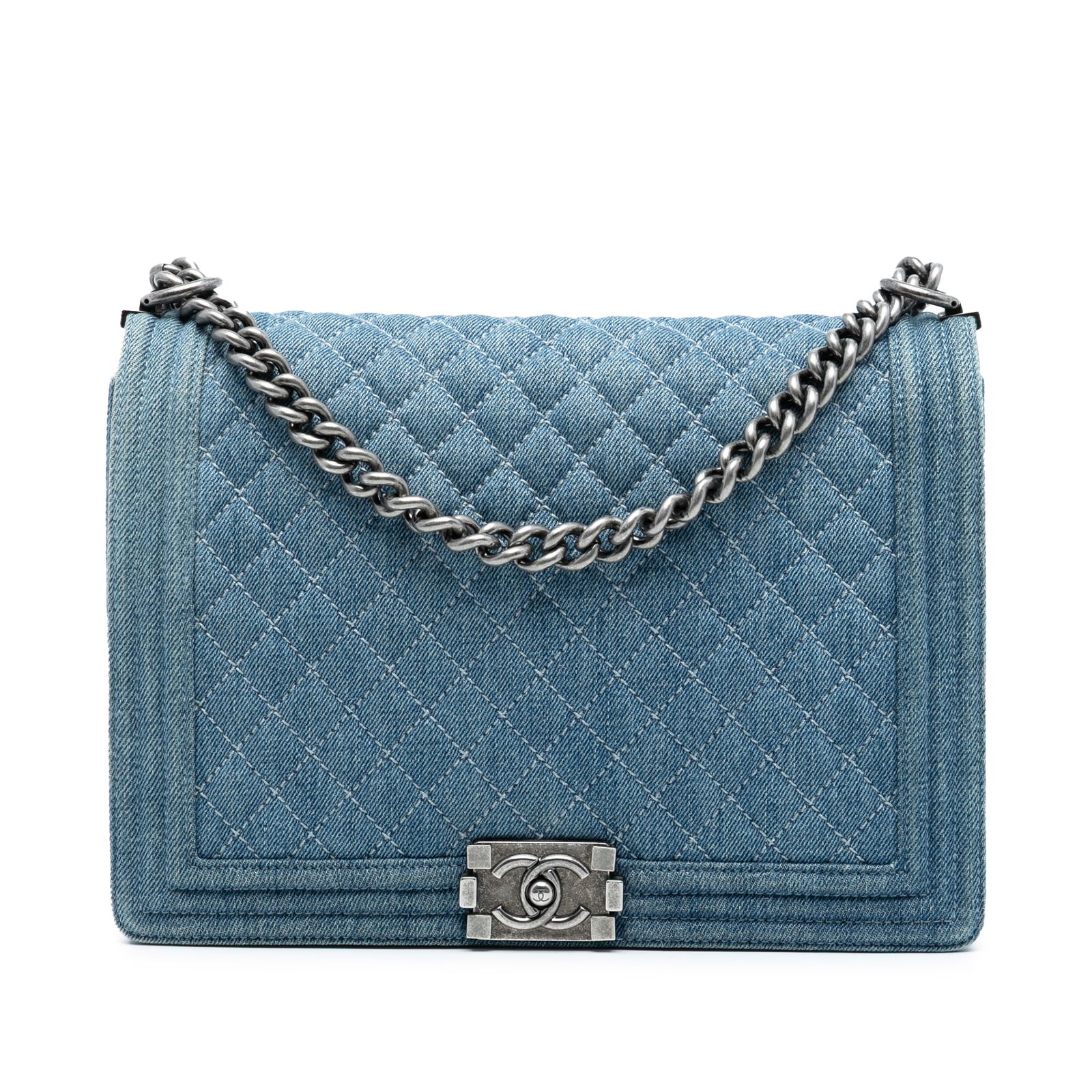 Blue Denim Chanel Boy Bag with Quilted Design and Chain Strap (1 of 8)