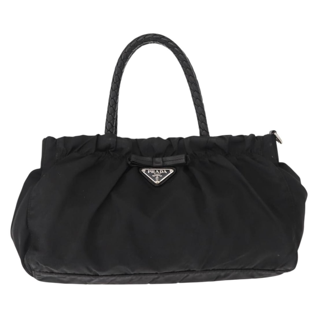 Black Prada Convertible Tote with Bow Detail: Black Prada Convertible Tote with Bow Detail This pre-owned Prada Bow Convertible Tote is a stylish handbag crafted for women. It features noticeable signs of use, including surface rubbing, slight