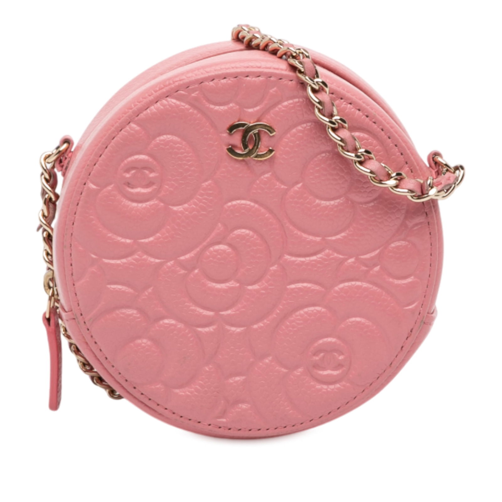 Chanel CC Embossed Caviar Camellia Round Clutch Pink with Chain: Chanel CC Embossed Caviar Camellia Round Clutch Pink with Chain This Chanel CC Embossed Caviar Camellia Round Clutch is a stylish crossbody bag crafted from embossed caviar leather, featuring a chic l