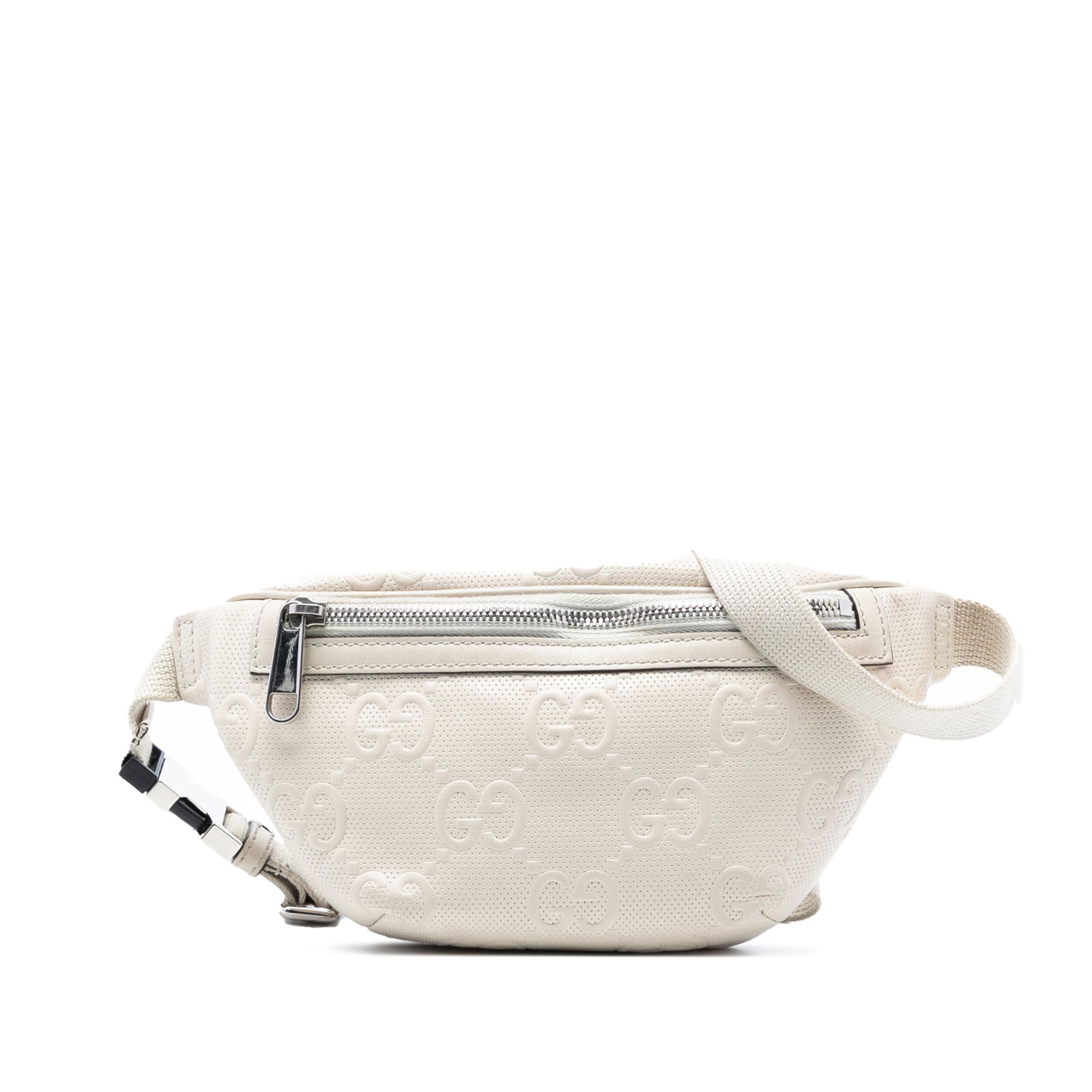 Gucci GG Perforated Embossed Leather White Belt Bag: Gucci GG Perforated Embossed Leather White Belt Bag This belt bag features an embossed perforated leather body, a flat waist strap, and a front zip closure. The exterior shows signs of wear and staini