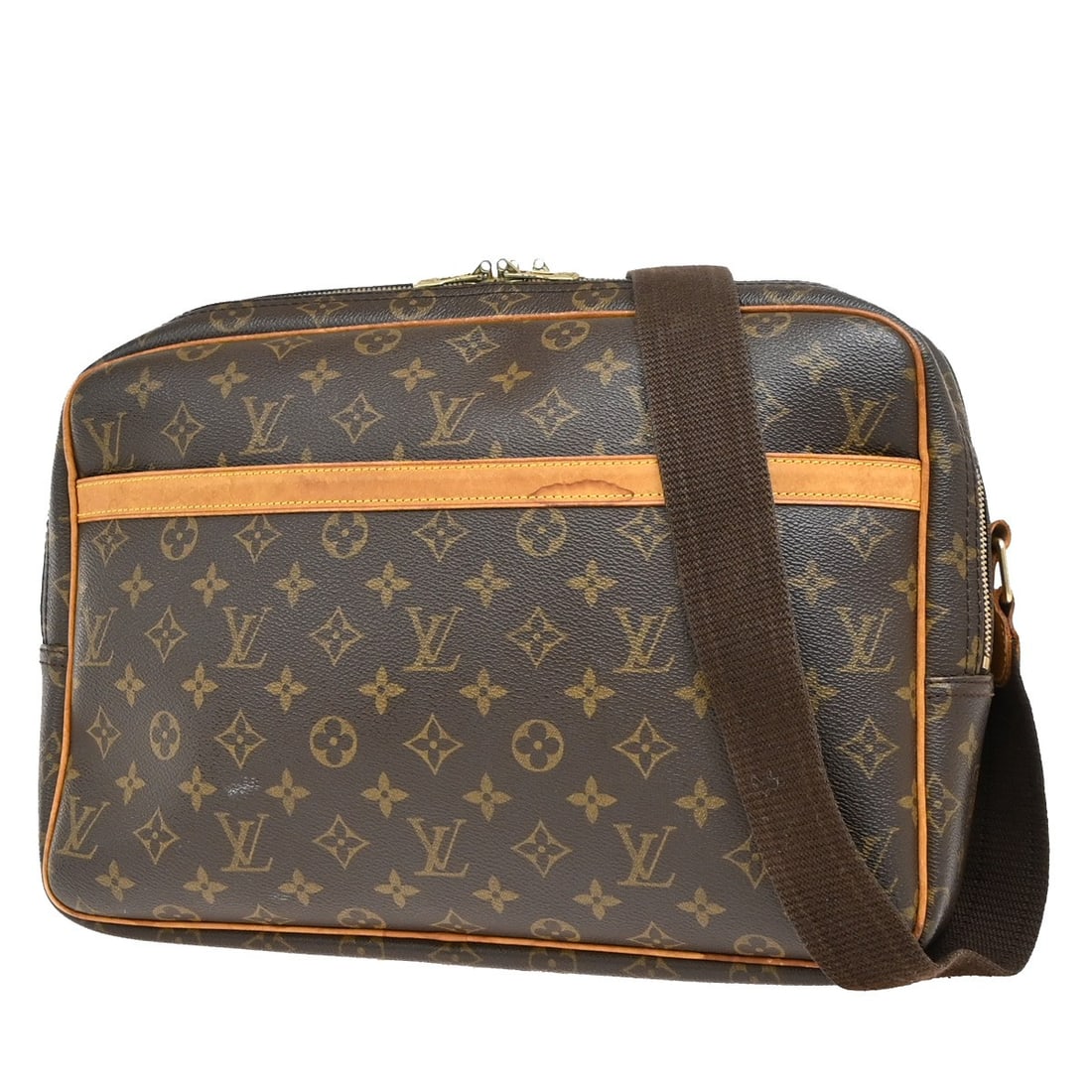 Reporter Shoulder Bag in Brown by Louis Vuitton: Reporter Shoulder Bag in Brown by Louis Vuitton Louis Vuitton Reporter Bag in brown features a classic design with a spacious interior. The exterior shows signs of scuffing, dirt, stains, scratches, w