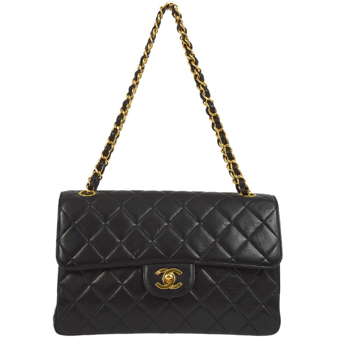 Chanel Black Lambskin Double Sided Classic Flap Shoulder Bag: Chanel Black Lambskin Double Sided Classic Flap Shoulder Bag Elevate your accessory collection with this Chanel Black Lambskin Double Sided Classic Flap Shoulder Bag. Crafted from luxurious lambskin l