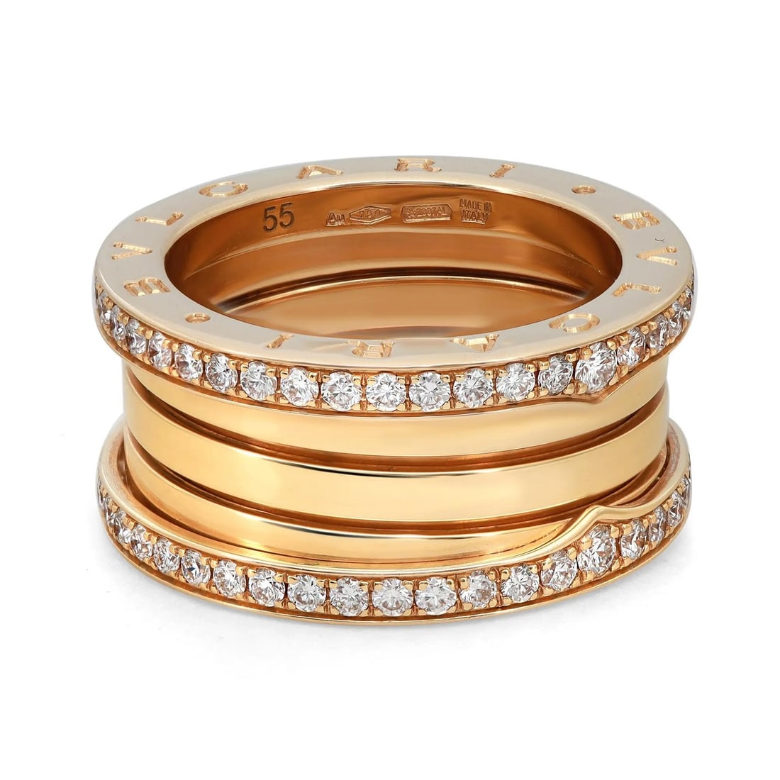 Bvlgari B.Zero1 18K Yellow Gold Diamond Band Ring 1.21ct Size 7: Bvlgari B.Zero1 18K Yellow Gold Diamond Band Ring 1.21ct Size 7 From the renowned Bvlgari B.zero1 collection, this stunning band ring is expertly crafted from 18K yellow gold, showcasing a unique four