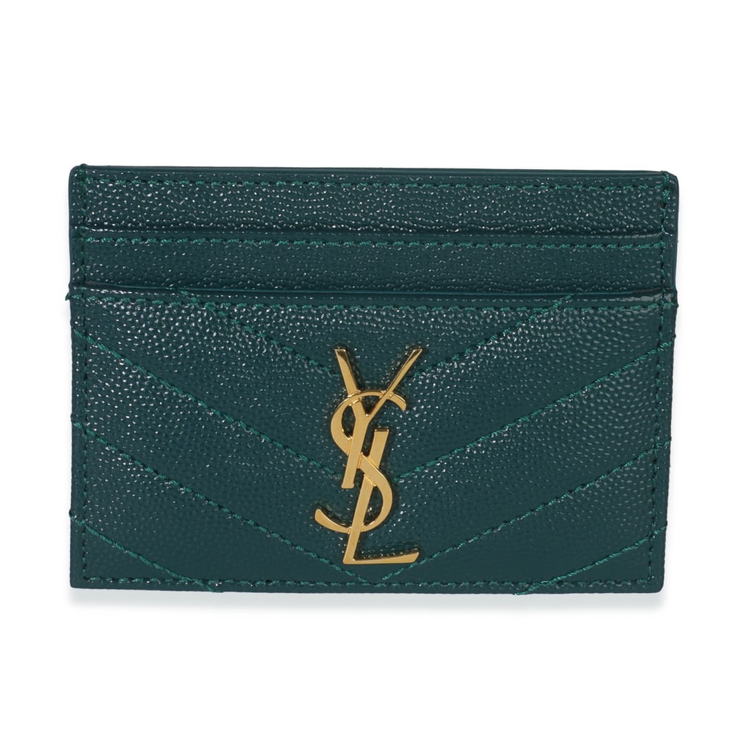 Cassandre Card Case by Saint Laurent in Petrol Green Leather: Cassandre Card Case by Saint Laurent in Petrol Green Leather This Saint Laurent Cassandre card case features a petrol green grain de poudre matelasse leather exterior with gold-tone hardware. The card