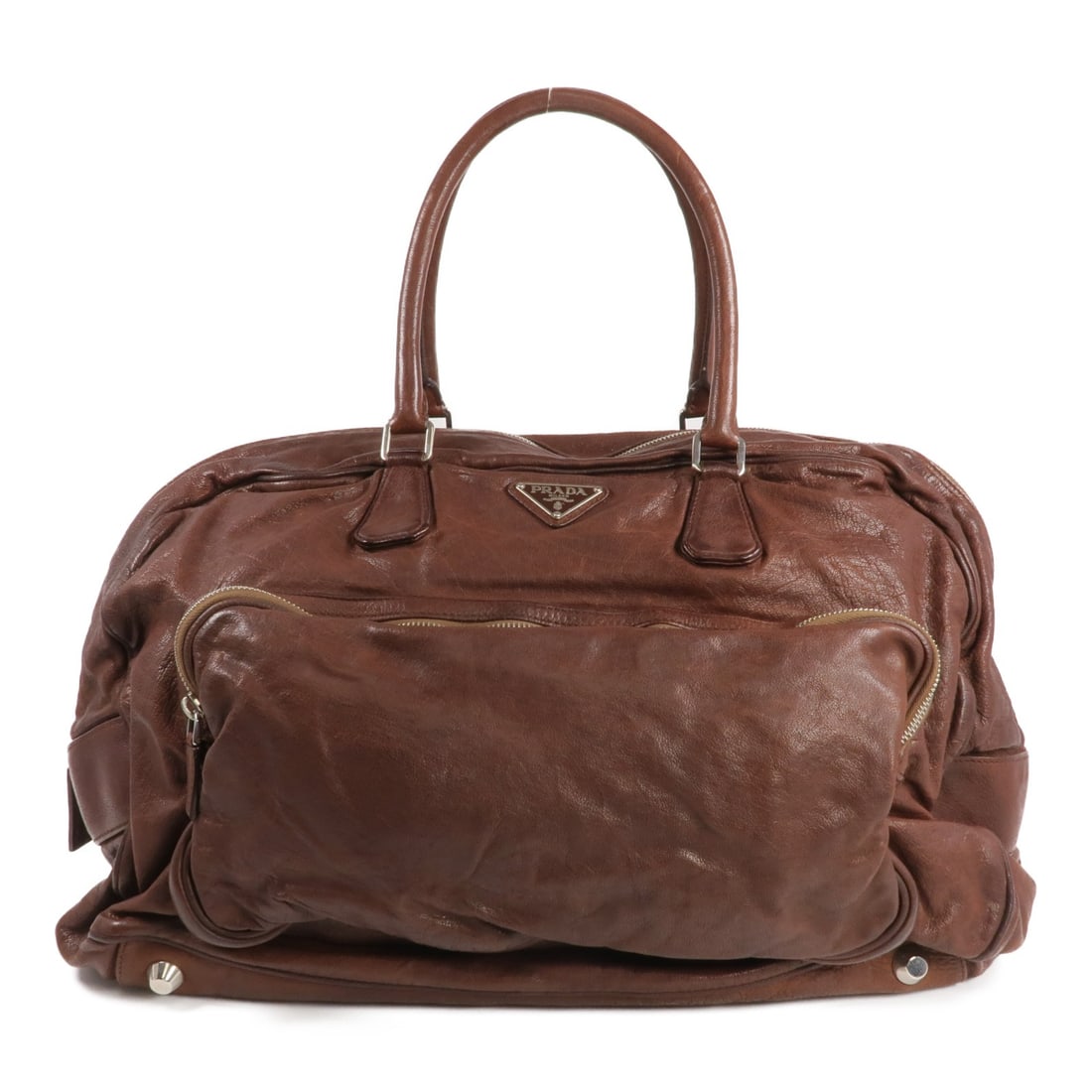 Brown Calfskin Boston Handbag by PRADA with Silver Hardware (1 of 18)