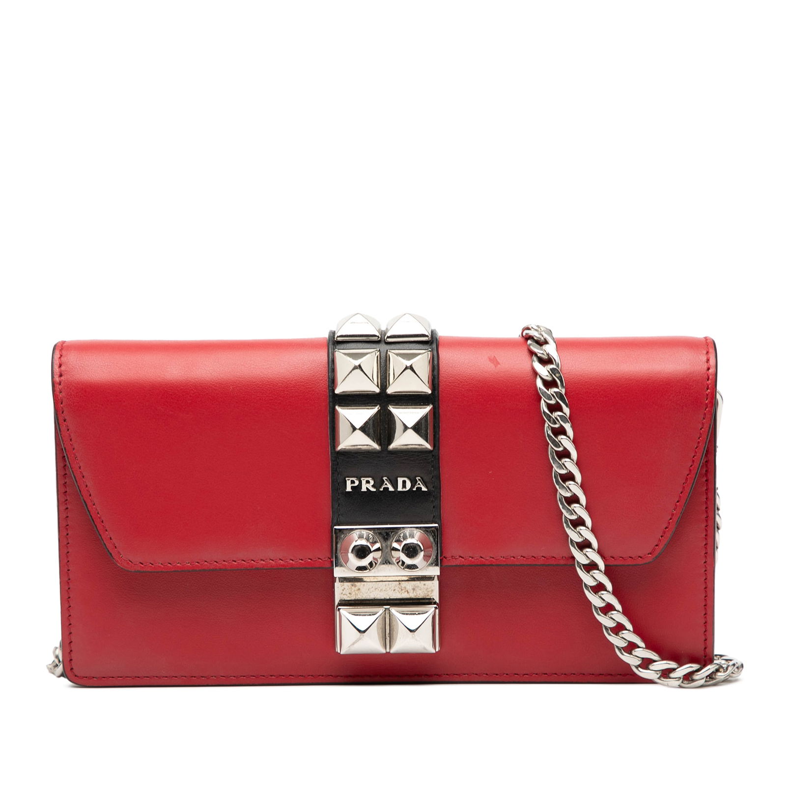 Red Prada Elektra Leather Clutch with Studs and Chain Strap: Red Prada Elektra Leather Clutch with Studs and Chain Strap This Prada City Calfskin Studded Elektra Clutch features a red leather body adorned with stud embellishments and a silver-tone chain link st
