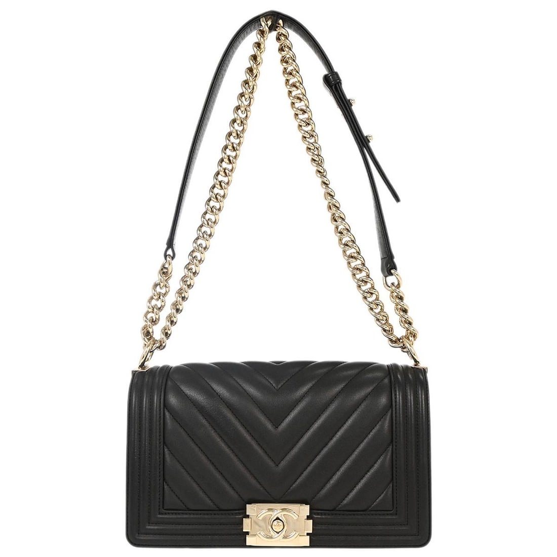Chanel Boy Black Lambskin Chevron Medium Shoulder Bag: Chanel Boy Black Lambskin Chevron Medium Shoulder Bag Elevate your style with the Boy Chanel Black Lambskin Chevron Medium Shoulder Bag, a timeless accessory perfect for casual occasions. This exquisi