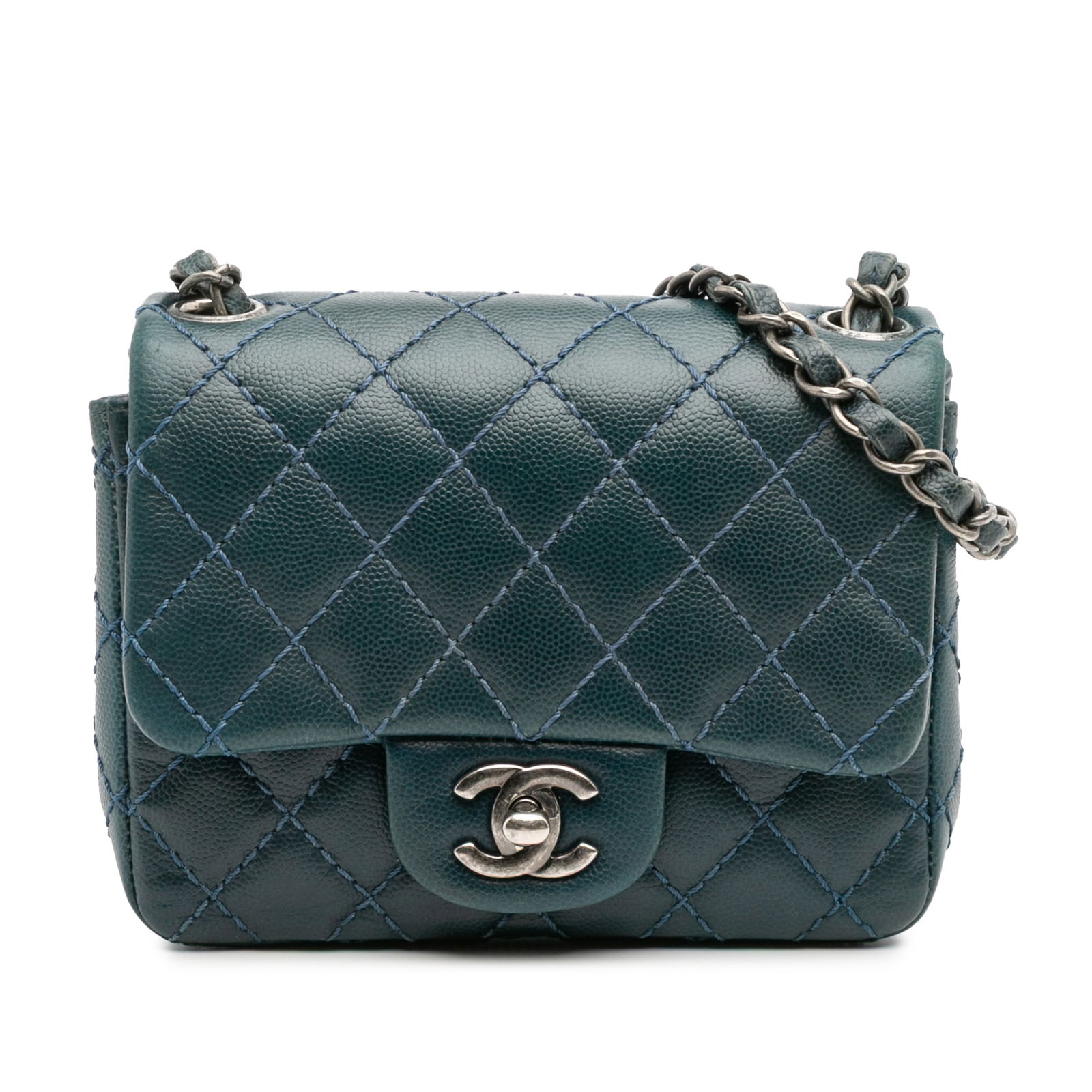 Chanel Mini Square Classic Caviar Blue Flap Crossbody Bag: Chanel Mini Square Classic Caviar Blue Flap Crossbody Bag This Chanel Mini Square Classic Caviar Single Flap crossbody bag is crafted from luxurious quilted caviar leather, showcasing a stunning blue