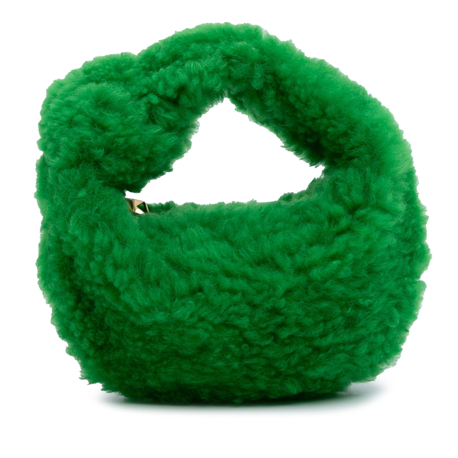 Bottega Veneta Mini Shearling Jodie Green Bag With Knotted Handle: Bottega Veneta Mini Shearling Jodie Green Bag With Knotted Handle Introducing the Bottega Veneta Mini Shearling Jodie, a chic and stylish accessory crafted from natural shearling. This bag features a