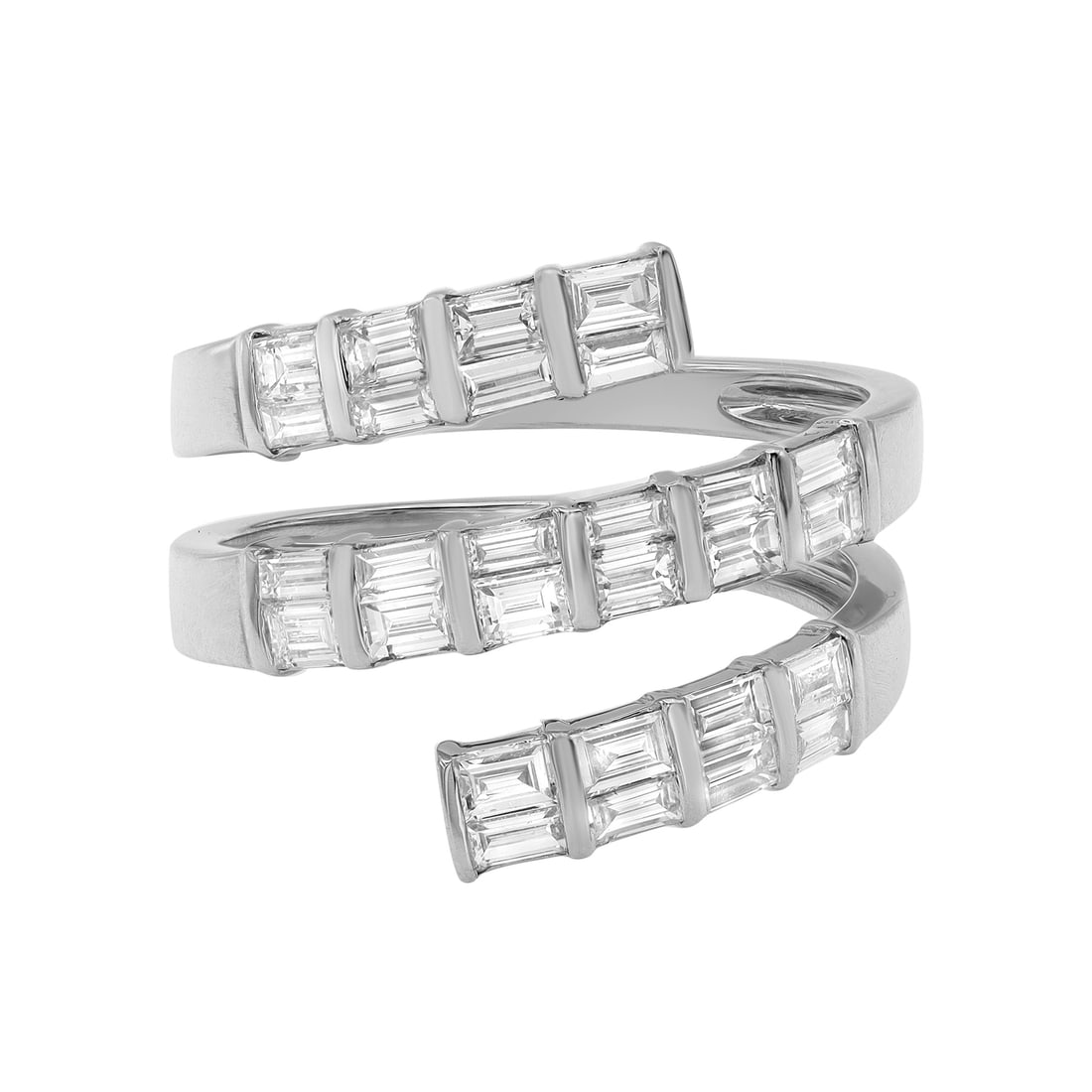 Rachel Koen 18K White Gold Baguette Diamond Spiral Cocktail Ring 1.20Cttw: Rachel Koen 18K White Gold Baguette Diamond Spiral Cocktail Ring 1.20Cttw This stunning Baguette Diamond Multi Row Spiral Ring is crafted in luxurious 18K white gold, showcasing a captivating design t