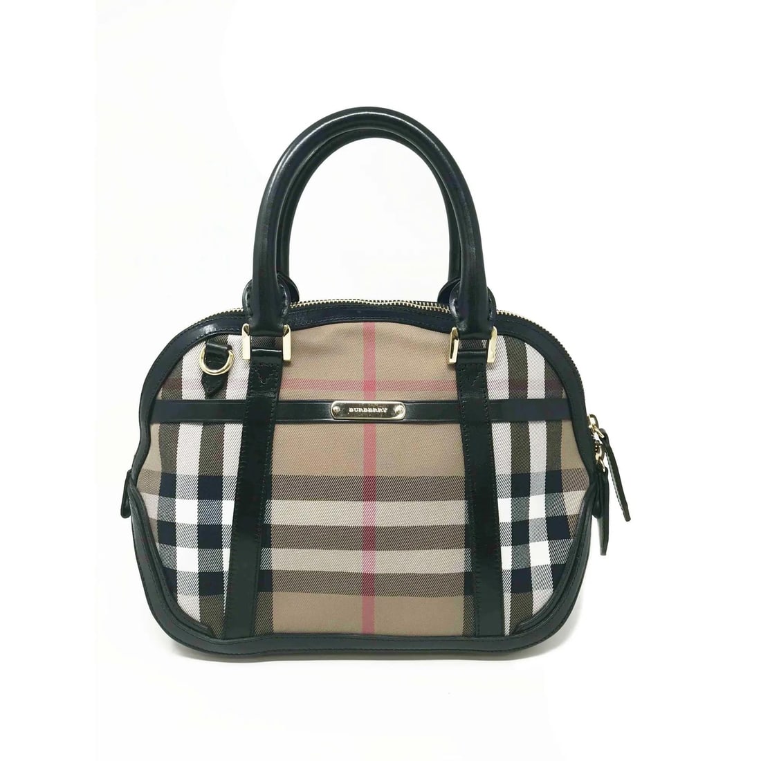 Burberry Sartorial House Check Black Leather Bowling Bag: Burberry Sartorial House Check Black Leather Bowling Bag This Burberry Sartorial House Check Black Top Handle Bowling Bag is a stunning blend of style and functionality. Crafted from House Check cotto