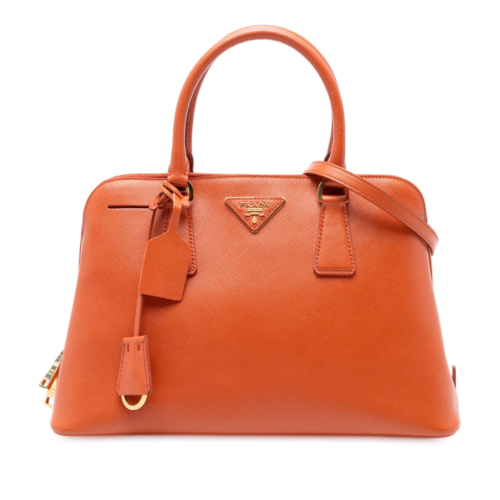 Prada Medium Saffiano Lux Promenade Satchel in Orange Leather: Prada Medium Saffiano Lux Promenade Satchel in Orange Leather This Prada Medium Saffiano Lux Promenade Satchel is crafted from durable saffiano leather and features a stylish orange hue. It is designe