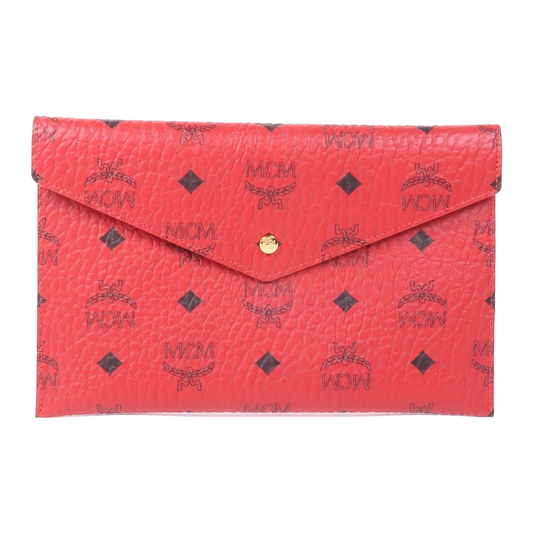 MCM Red Pouch Clutch GHW PVC Coated Canvas: MCM Red Pouch Clutch GHW PVC Coated Canvas This stylish MCM pouch clutch is crafted from durable PVC coated canvas in a vibrant red color, making it a standout accessory for any occasion. With a heigh