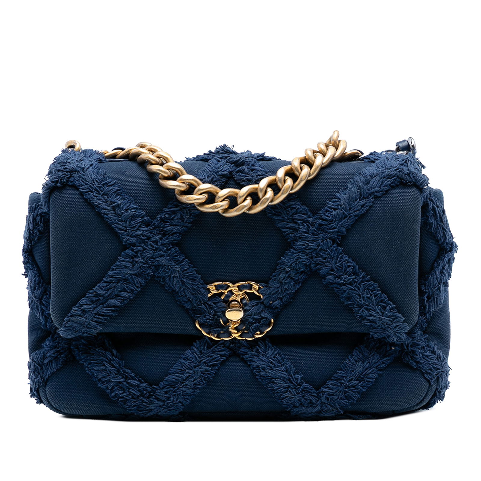 Chanel Medium 19 Flap Blue Canvas Cotton Handbag: Chanel Medium 19 Flap Blue Canvas Cotton Handbag Introducing the Chanel Medium Canvas and Cotton 19 Flap, a stylish and practical addition to any collection. This elegant bag features a durable canvas