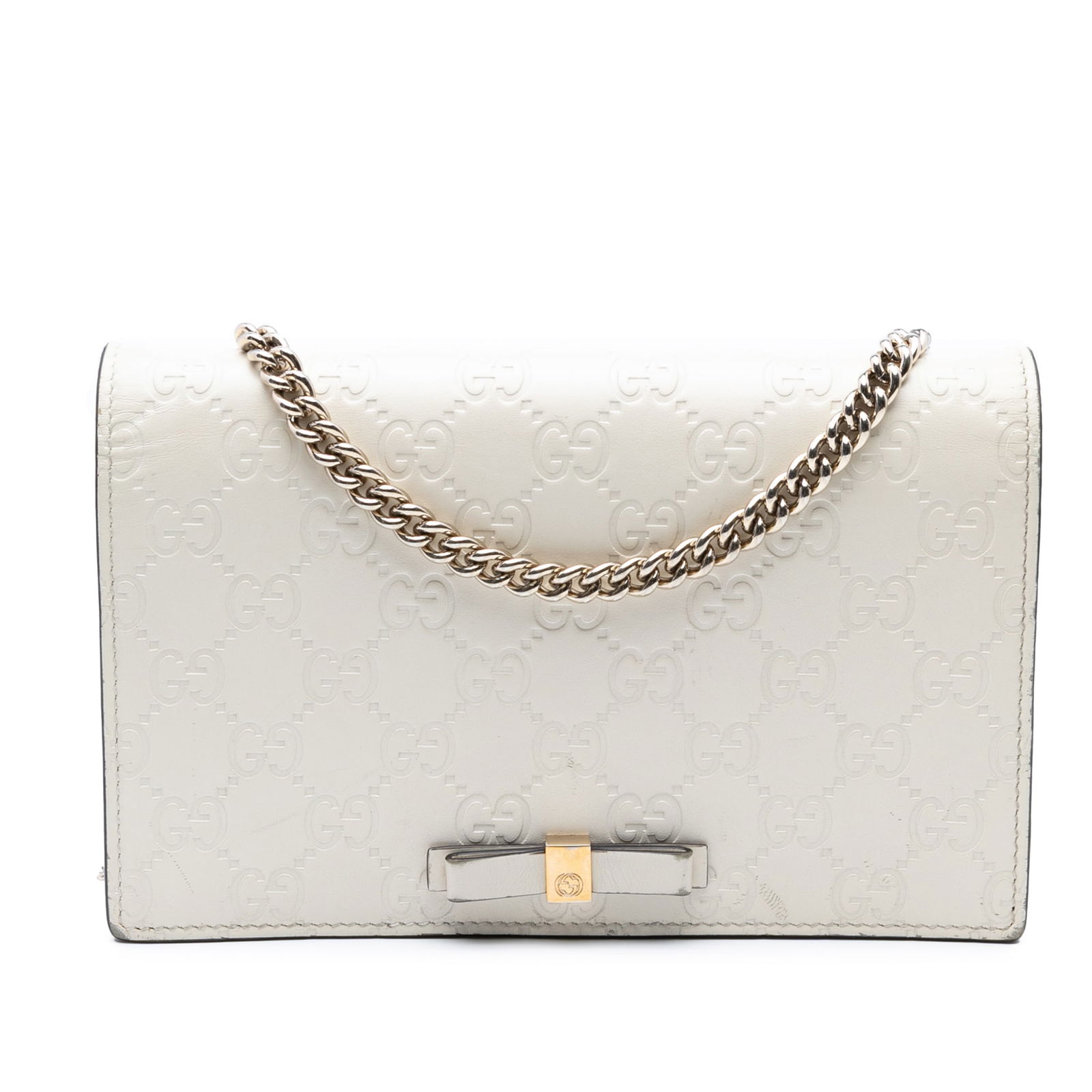 Gucci Mini Guccissima Bow Signature Wallet On Chain White Leather (1 of 7)